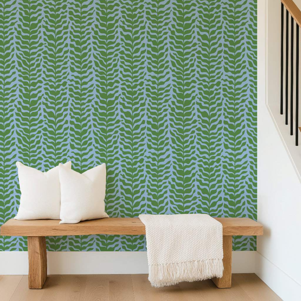 Boho Garden Green & Blue Trellis Botanical Chinoiserie Style - Wallpaper
