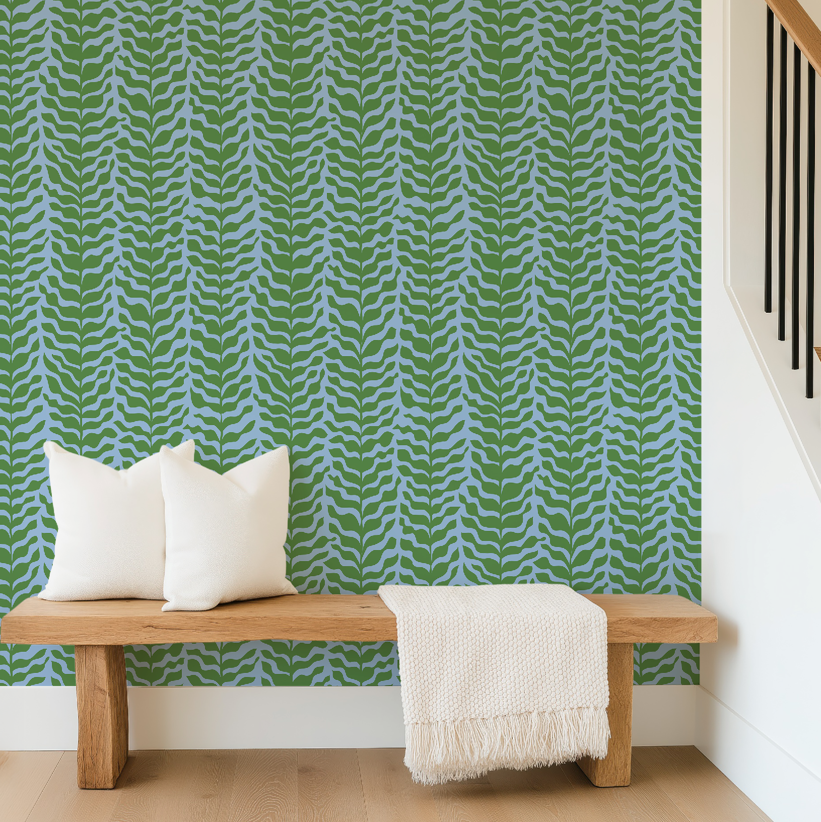 Boho Garden Green & Blue Trellis Botanical Chinoiserie Style - Wallpaper