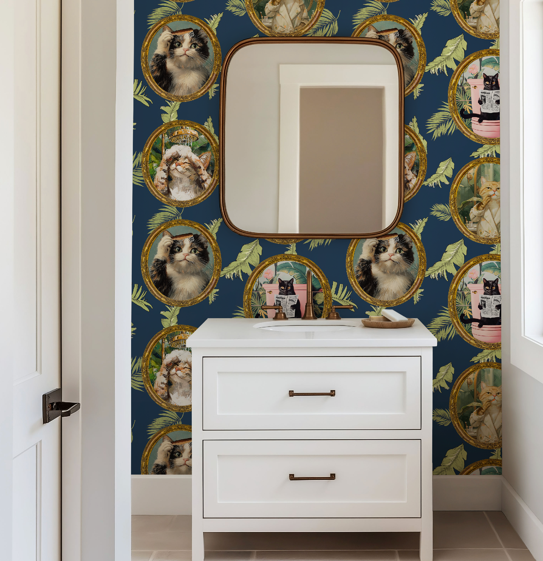 Whimsical Tropical Cat Bathroom Wallpaper - Blue Background