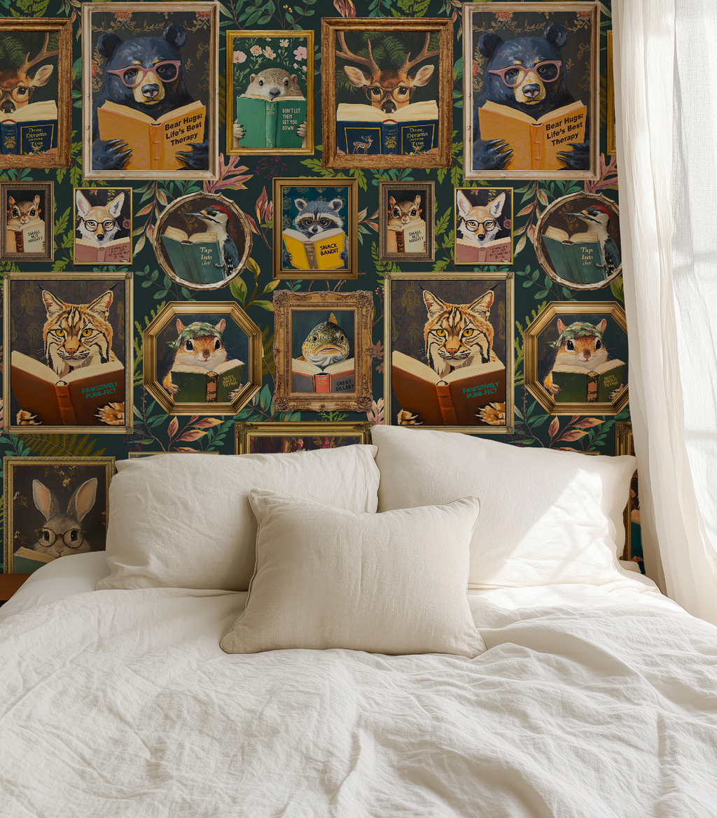 Whimsical Animals Reading Wallpaper - School / Cabin In the Woods Version - Blue