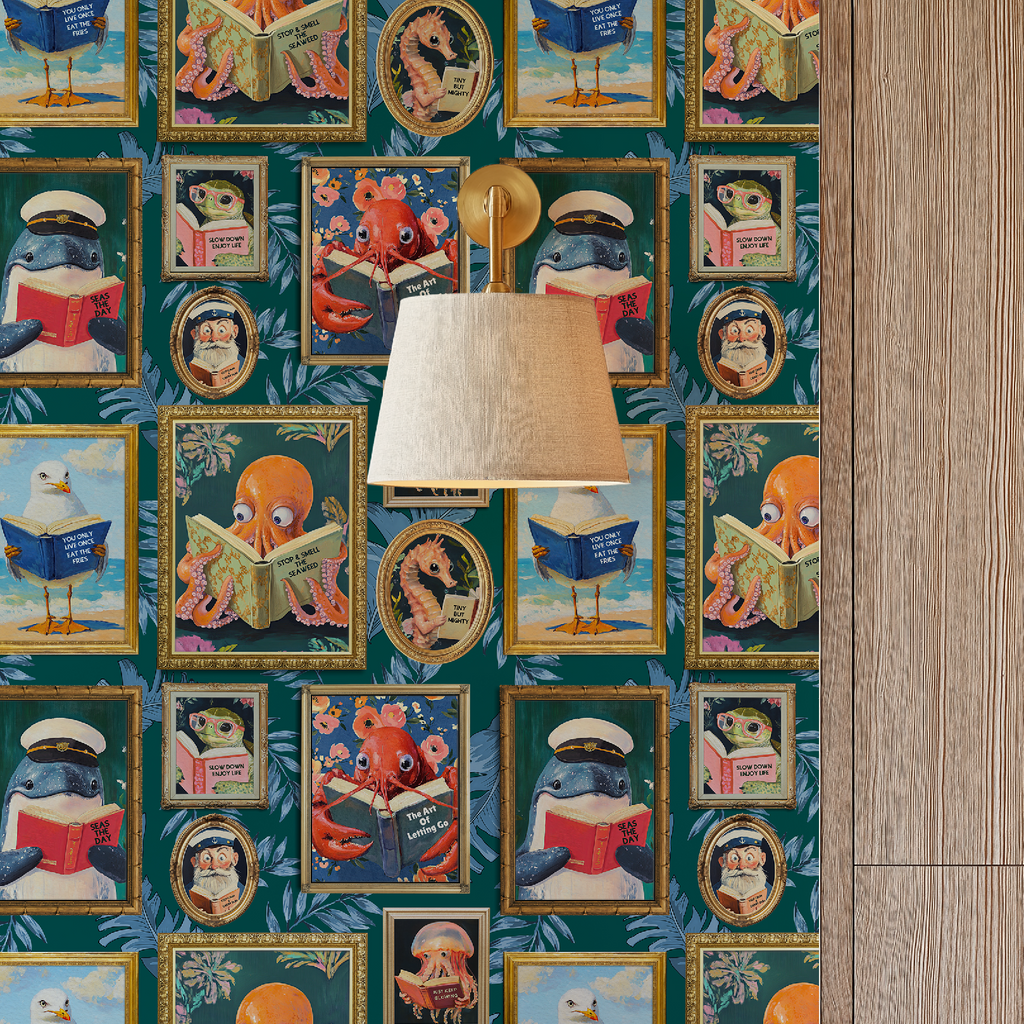Whimsical Animals Reading Wallpaper - Coastal Beach House Version - Teal