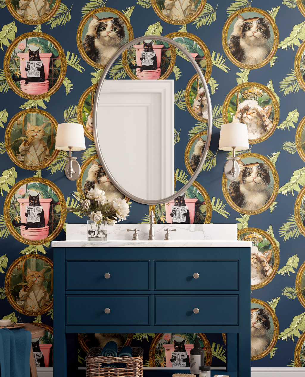 Whimsical Tropical Cat Bathroom Wallpaper - Blue Background