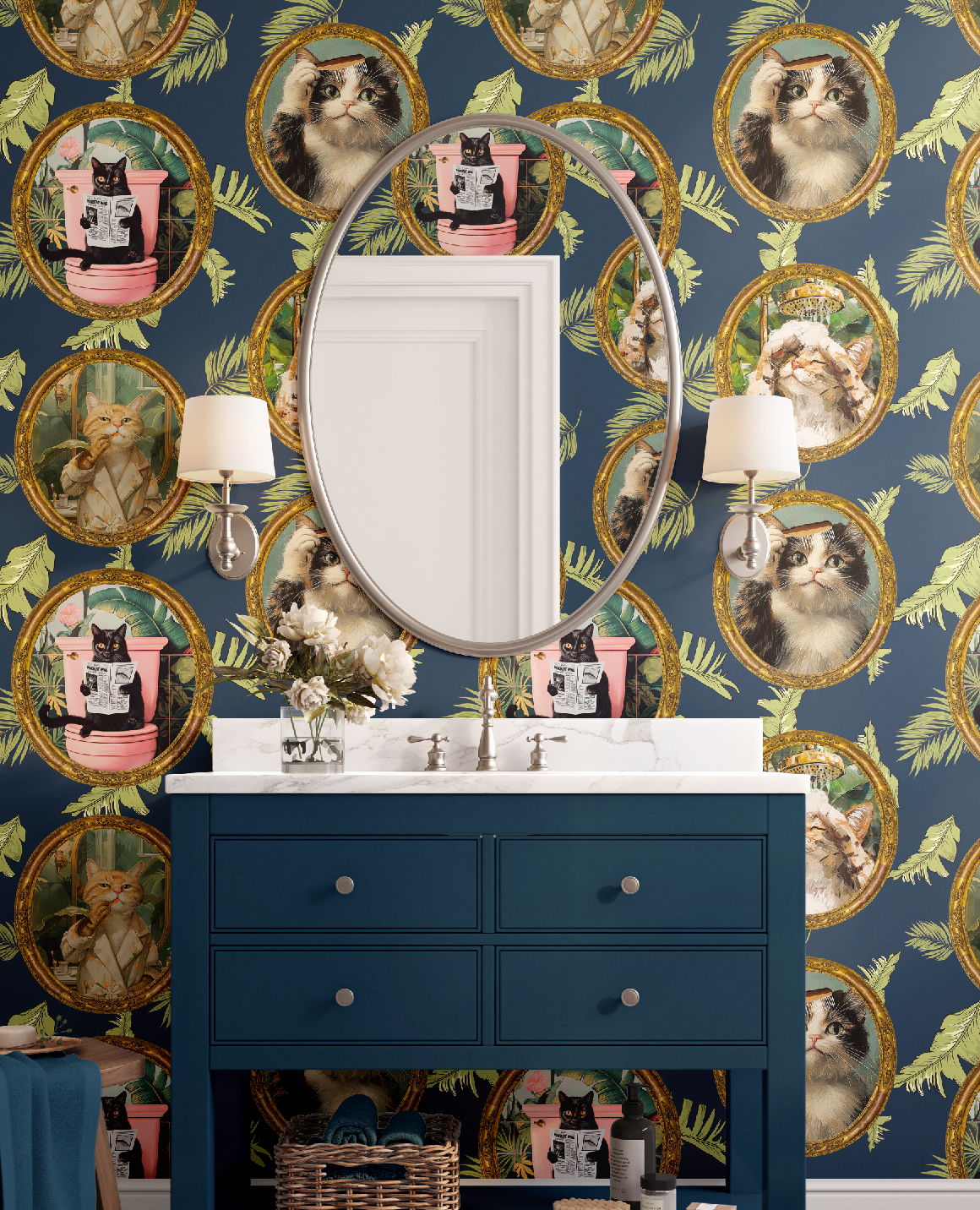 Whimsical Tropical Cat Bathroom Wallpaper - Blue Background
