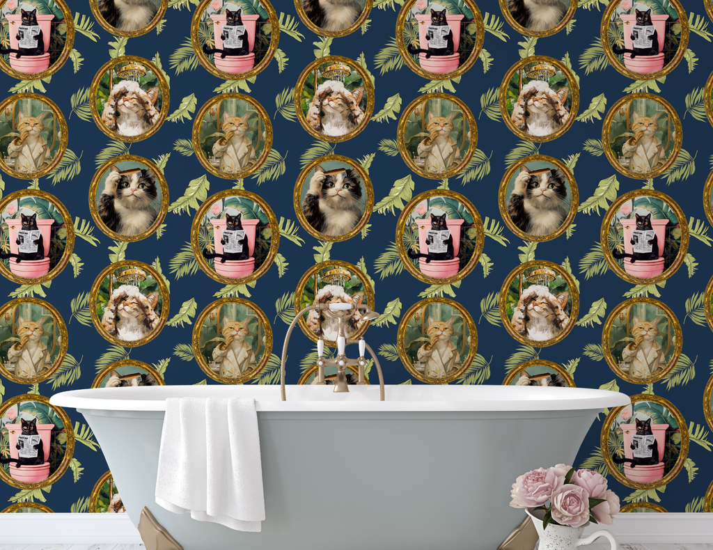 Whimsical Tropical Cat Bathroom Wallpaper - Blue Background