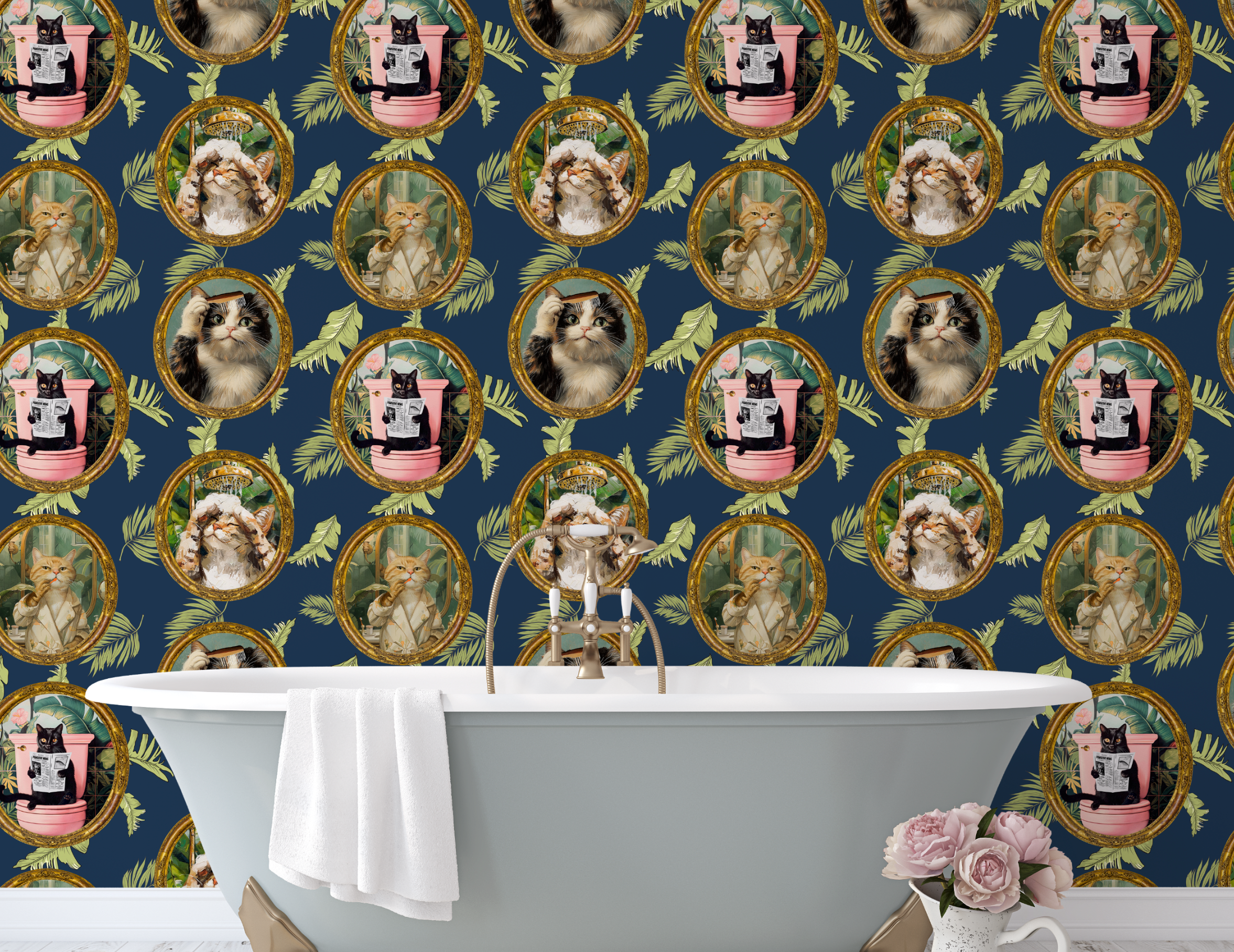 Whimsical Tropical Cat Bathroom Wallpaper - Blue Background