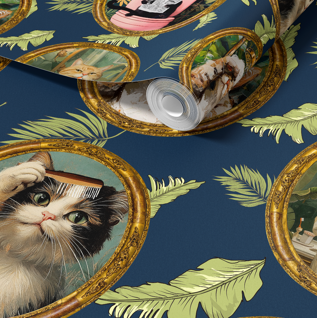 Whimsical Tropical Cat Bathroom Wallpaper - Blue Background