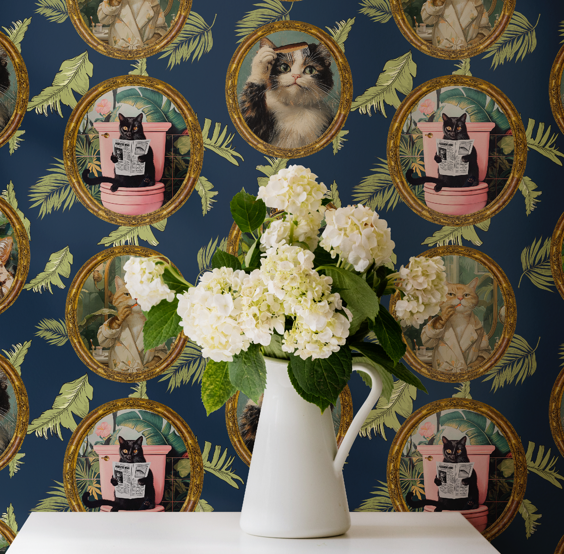 Whimsical Tropical Cat Bathroom Wallpaper - Blue Background