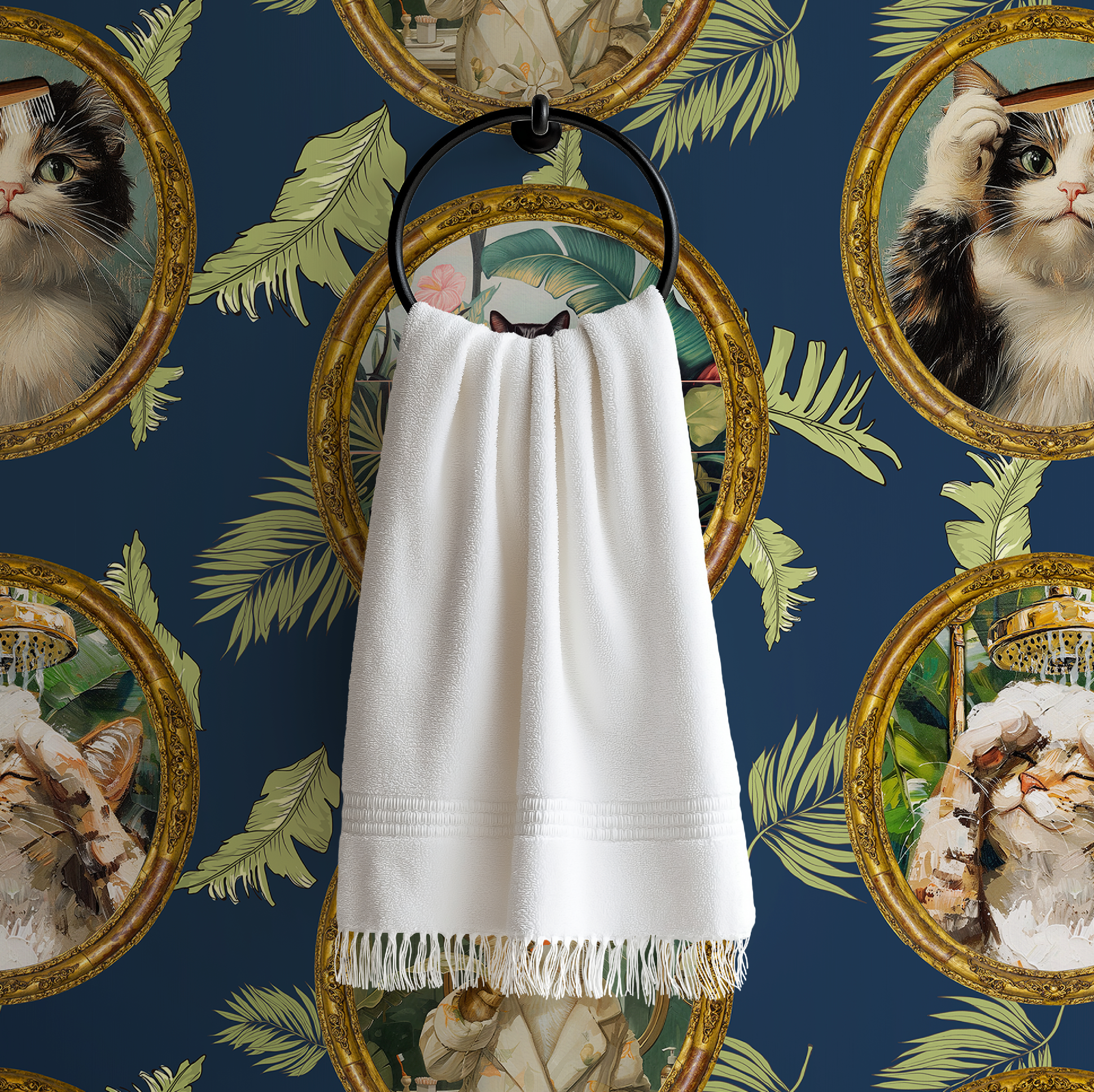 Whimsical Tropical Cat Bathroom Wallpaper - Blue Background