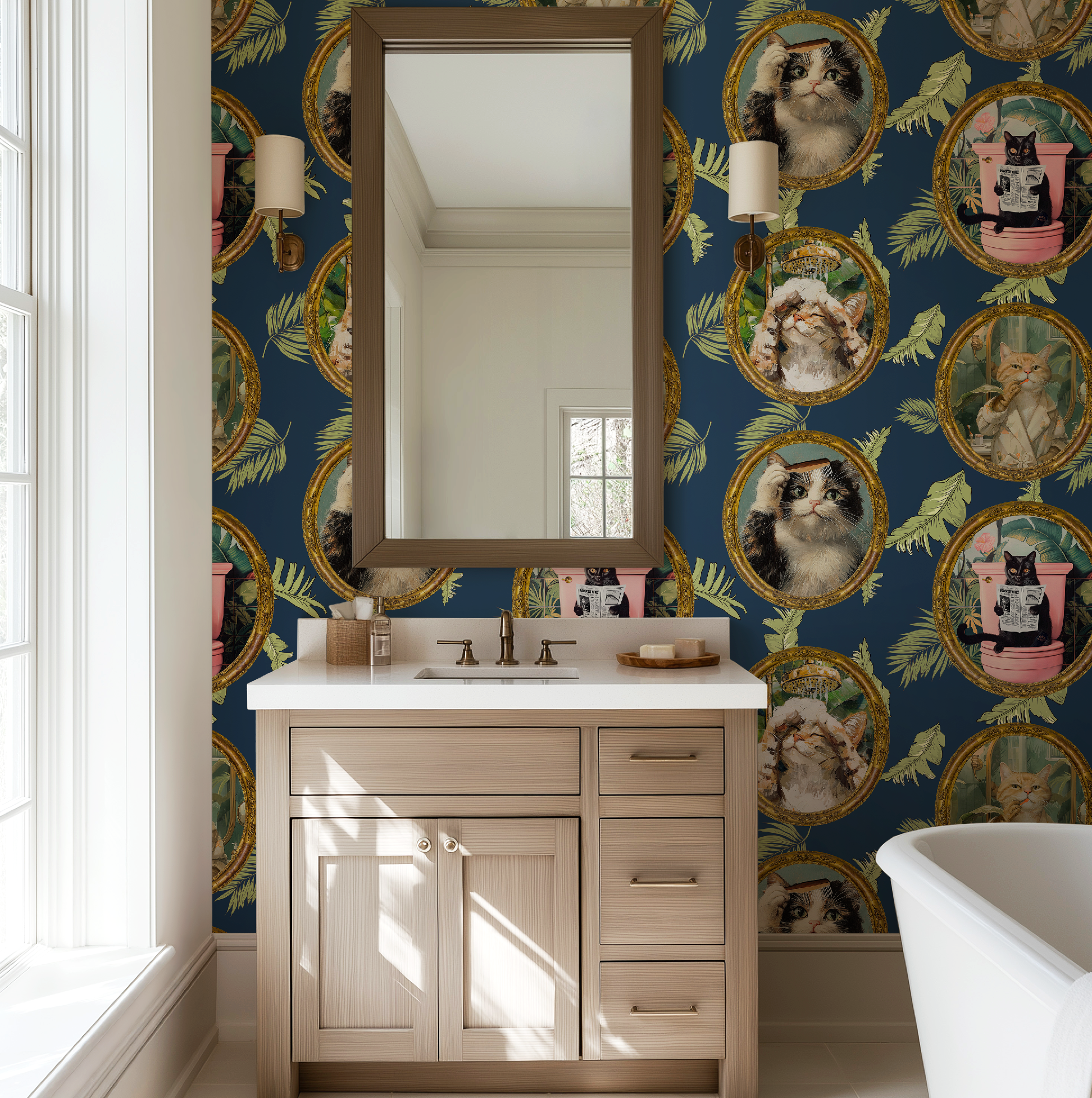 Whimsical Tropical Cat Bathroom Wallpaper - Blue Background