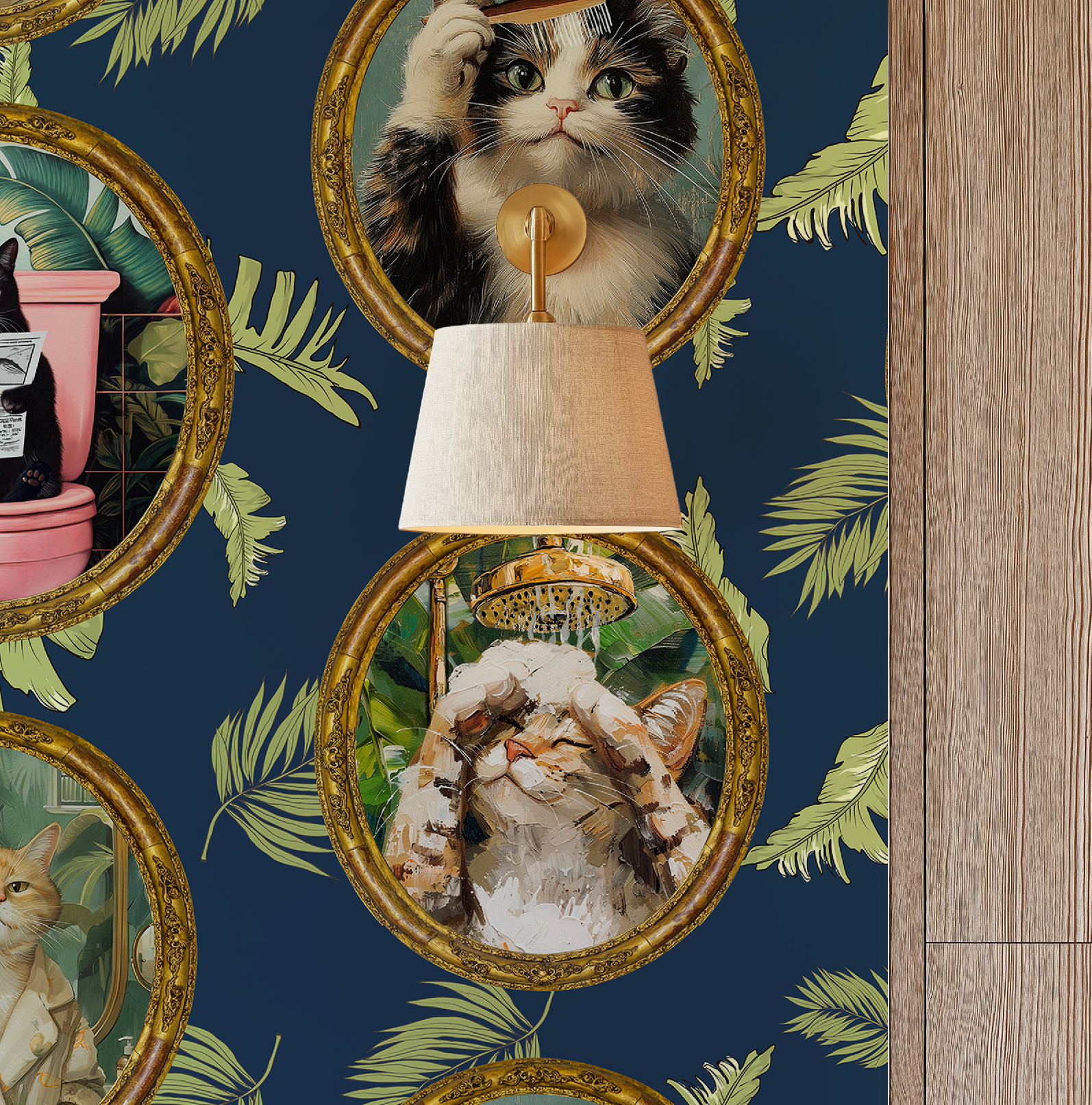 Whimsical Tropical Cat Bathroom Wallpaper - Blue Background