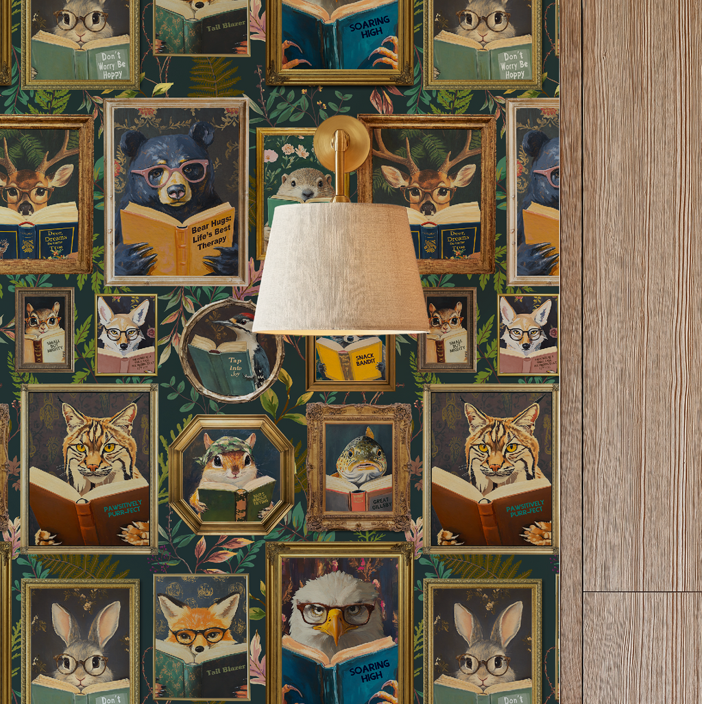 Whimsical Animals Reading Wallpaper - School / Cabin In the Woods Version - Blue