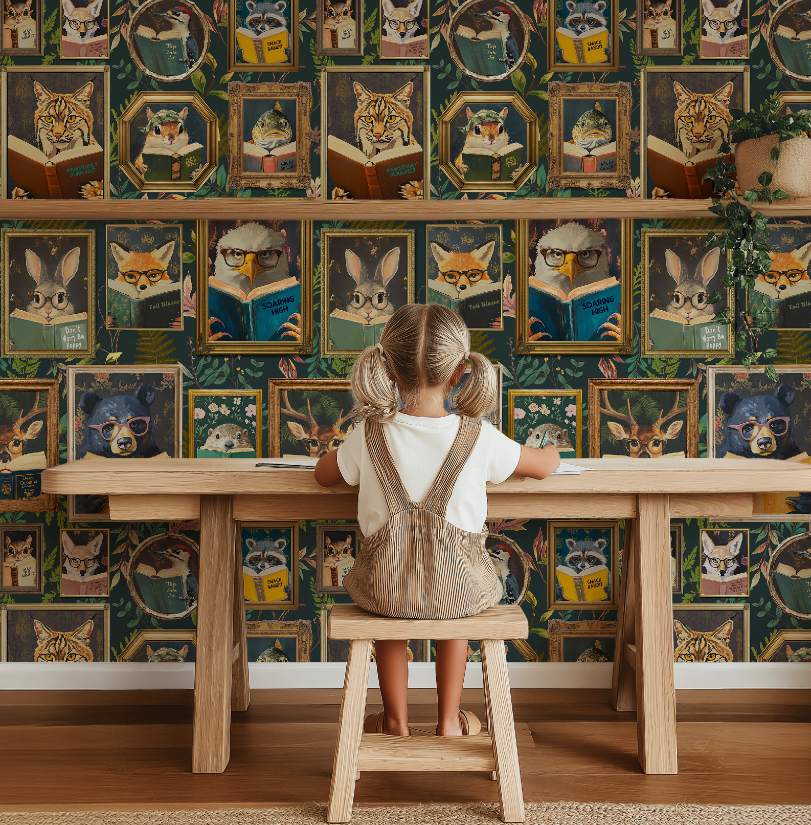 Whimsical Animals Reading Wallpaper - School / Cabin In the Woods Version - Blue