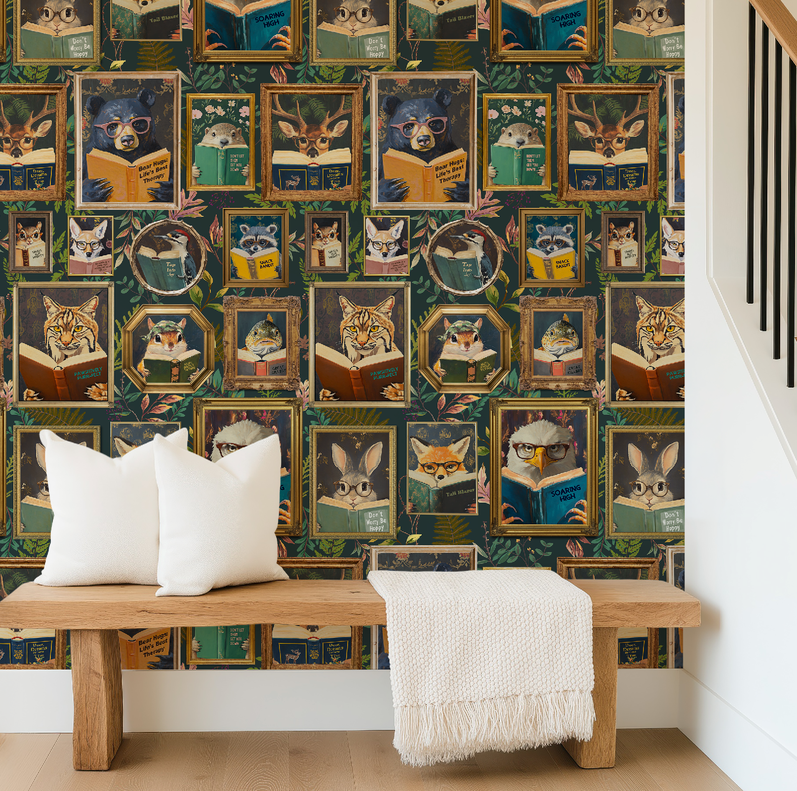Whimsical Animals Reading Wallpaper - School / Cabin In the Woods Version - Blue