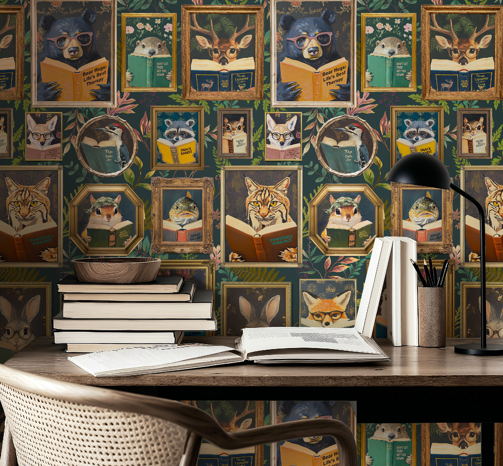 Whimsical Animals Reading Wallpaper - School / Cabin In the Woods Version - Blue