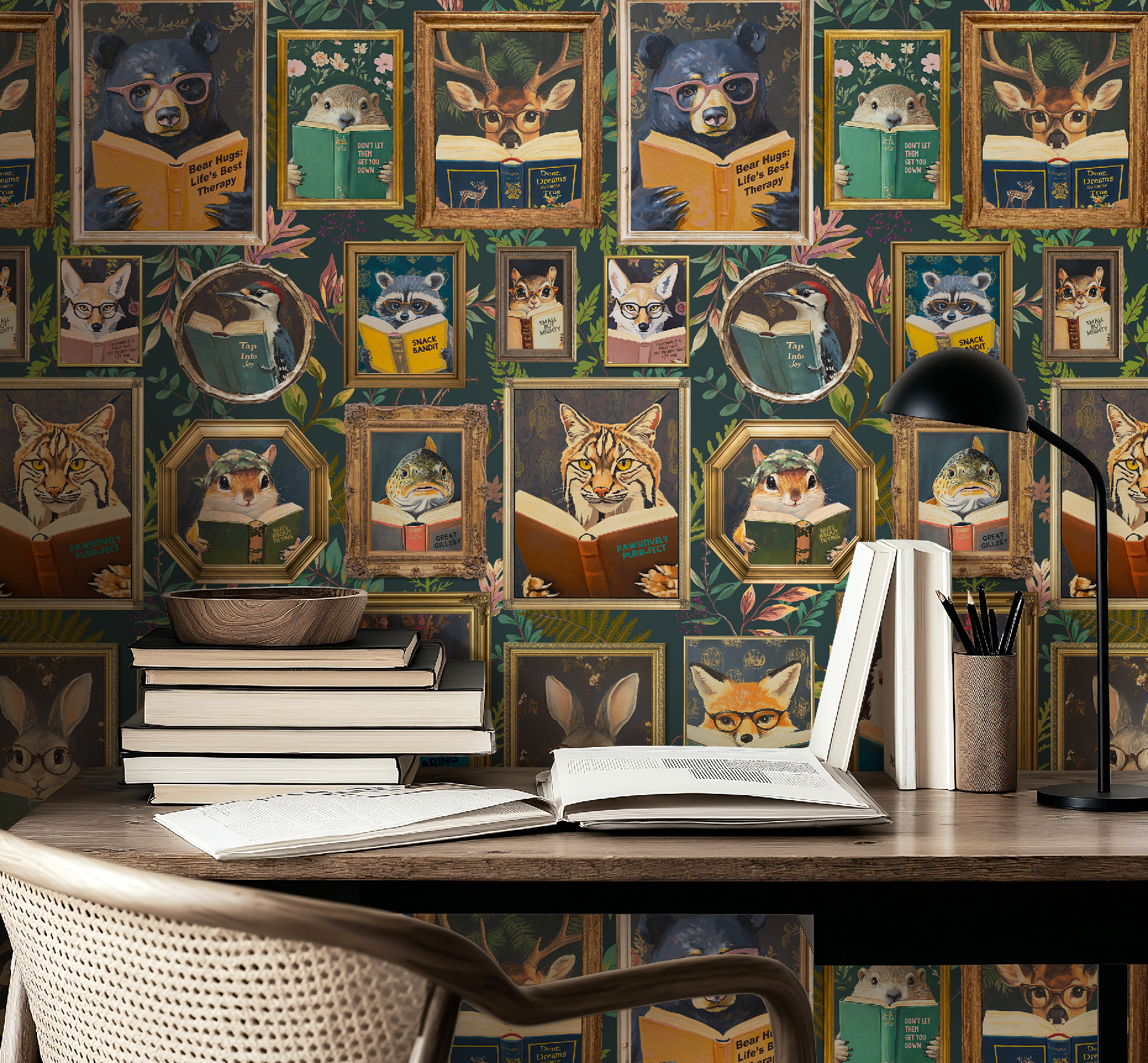 Whimsical Animals Reading Wallpaper - School / Cabin In the Woods Version - Blue
