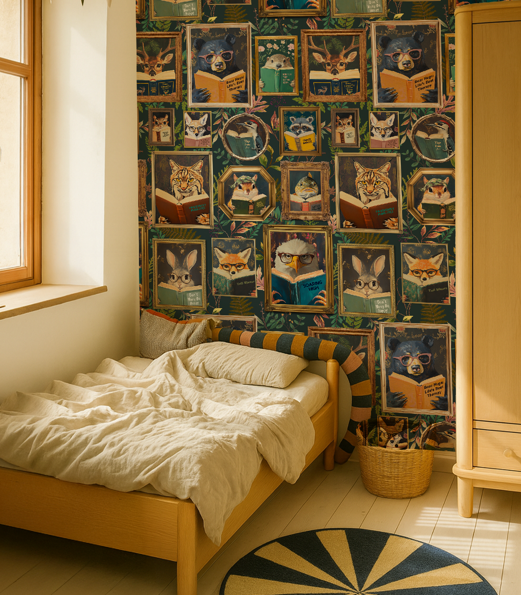 Whimsical Animals Reading Wallpaper - School / Cabin In the Woods Version - Blue