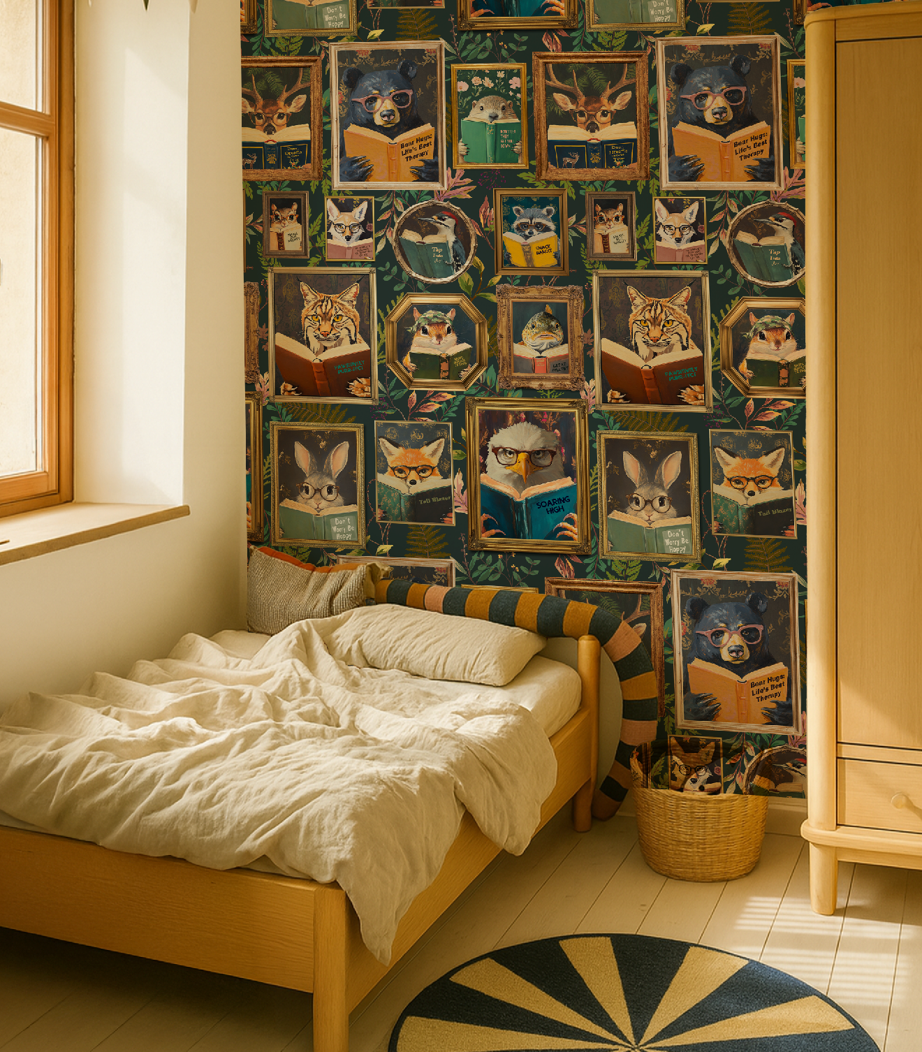 Whimsical Animals Reading Wallpaper - School / Cabin In the Woods Version - Blue