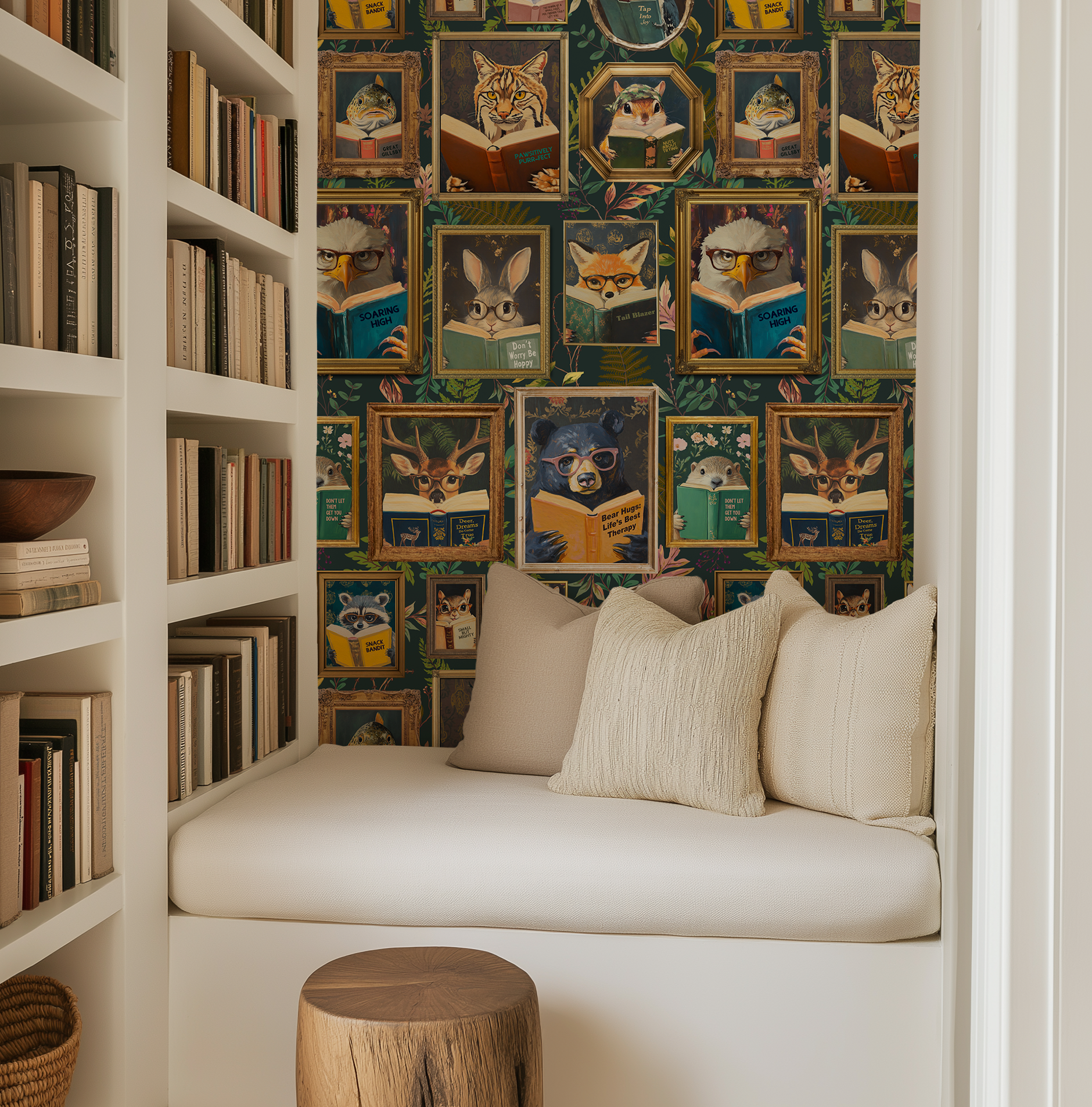 Whimsical Animals Reading Wallpaper - School / Cabin In the Woods Version - Blue