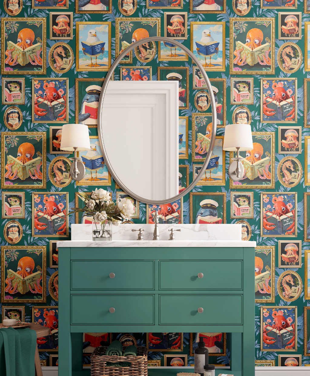 Whimsical Animals Reading Wallpaper - Coastal Beach House Version - Teal