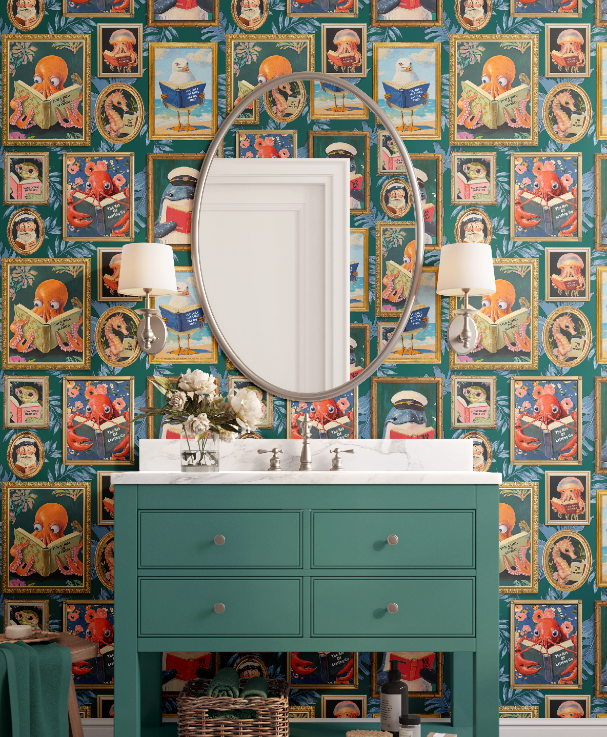 Whimsical Animals Reading Wallpaper - Coastal Beach House Version - Teal