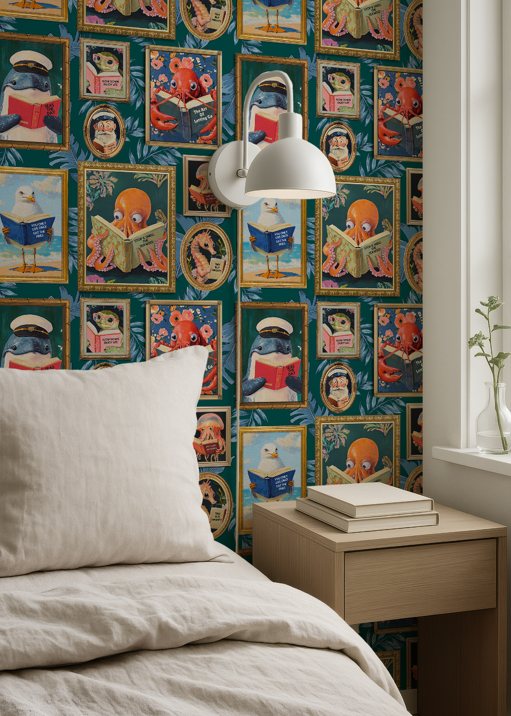 Whimsical Animals Reading Wallpaper - Coastal Beach House Version - Teal