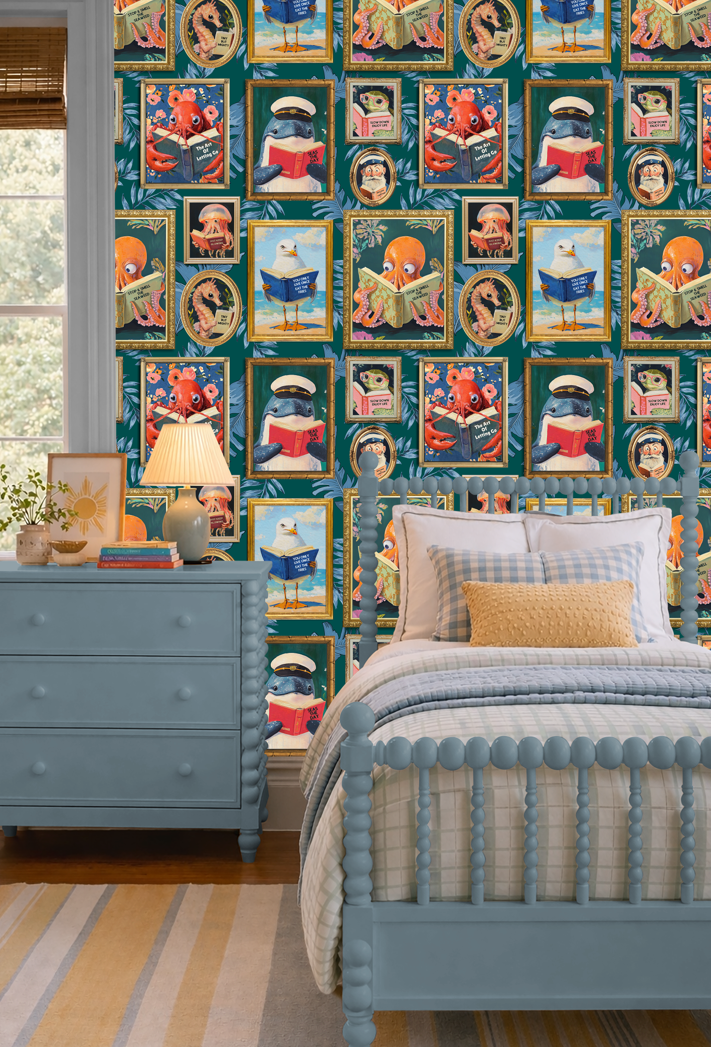 Whimsical Animals Reading Wallpaper - Coastal Beach House Version - Teal