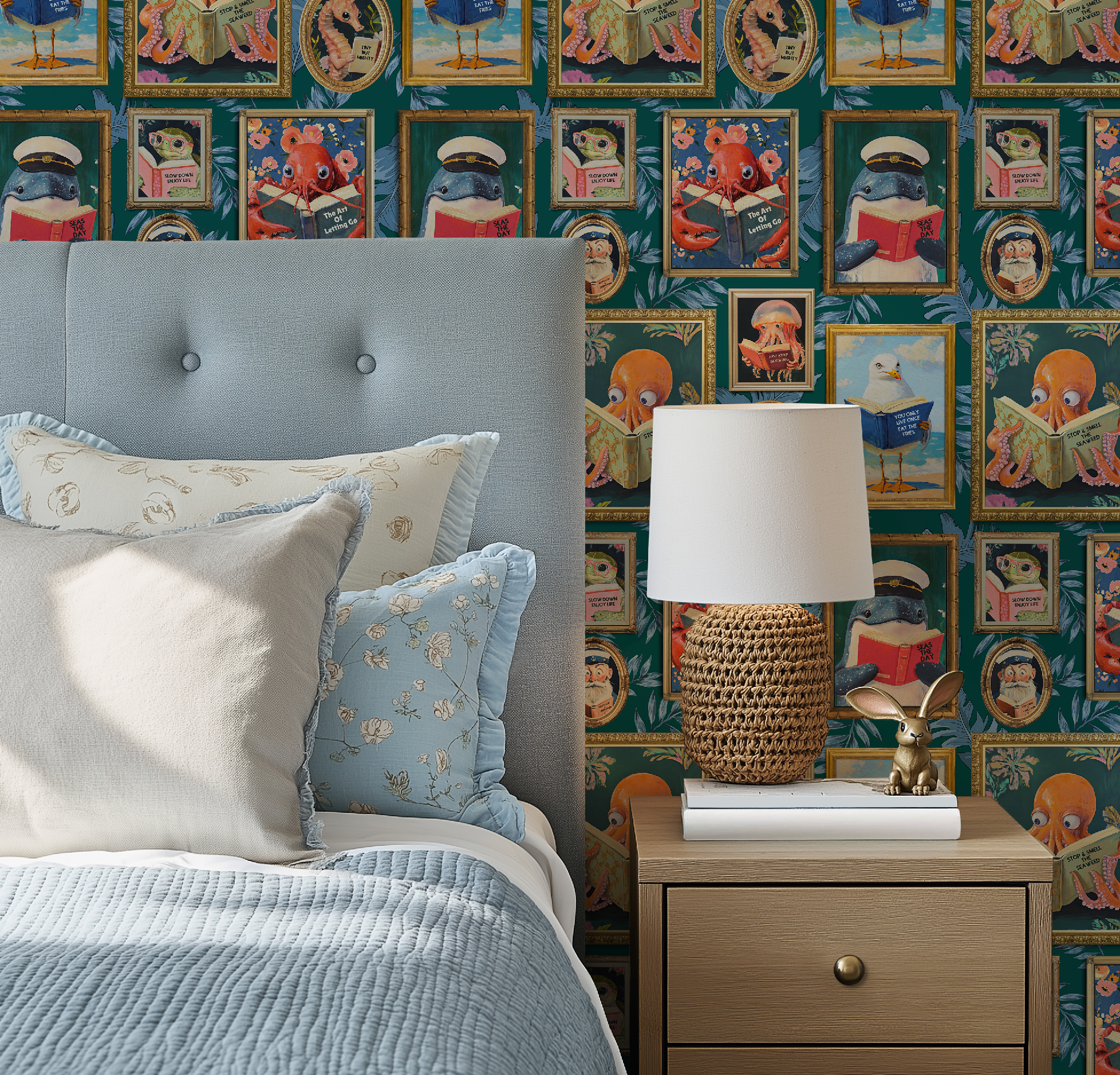 Whimsical Animals Reading Wallpaper - Coastal Beach House Version - Teal