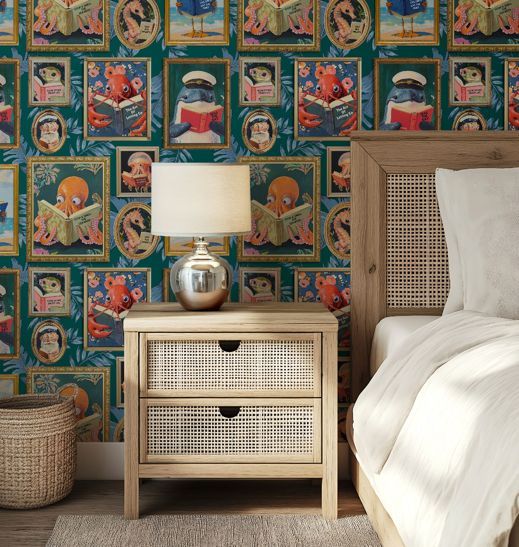 Whimsical Animals Reading Wallpaper - Coastal Beach House Version - Teal