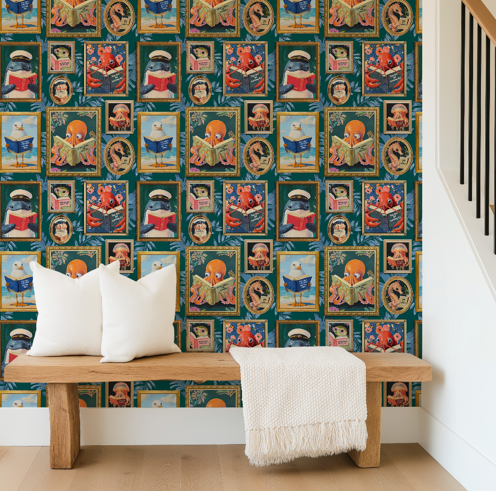 Whimsical Animals Reading Wallpaper - Coastal Beach House Version - Teal