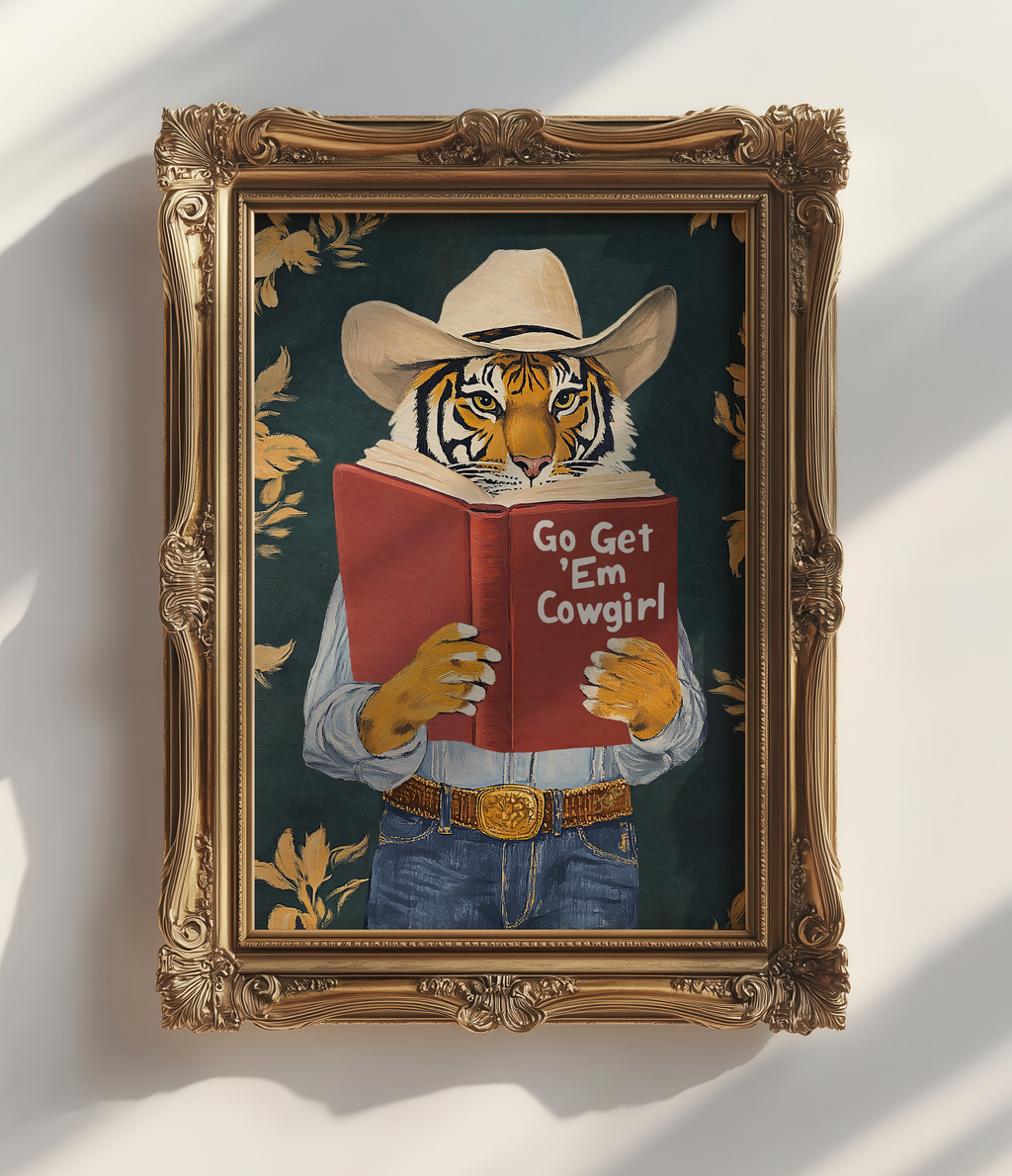 Go Get Em Cowgirl Motivational Tiger Reading Print - Humorous Bookworm Wall Art for Library Office Study Decor