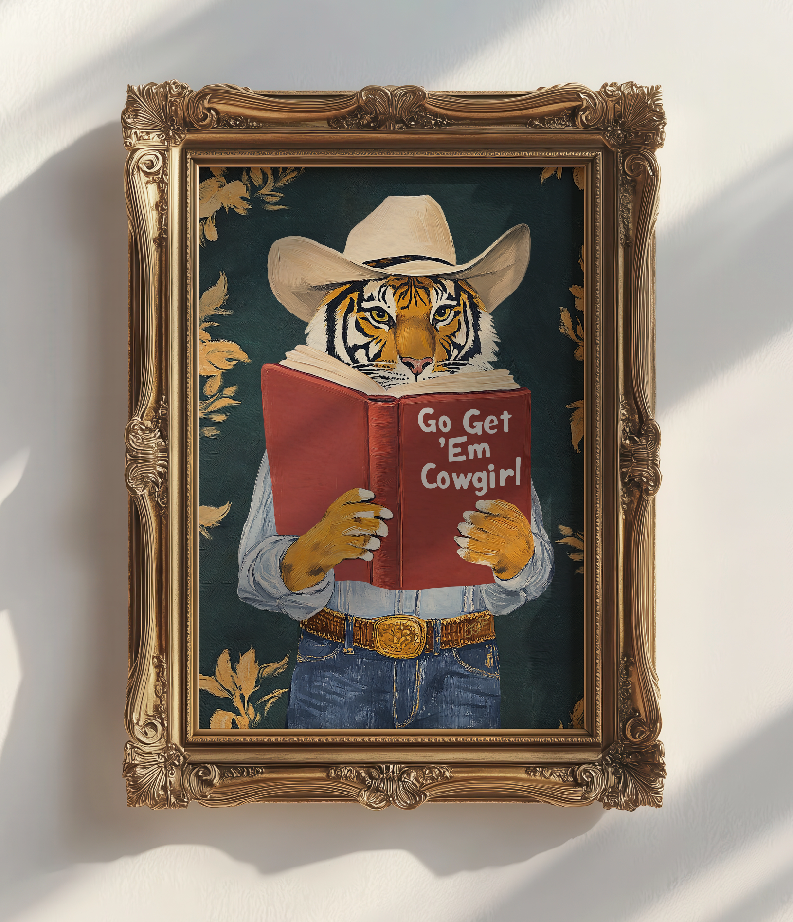 Go Get Em Cowgirl Motivational Tiger Reading Print - Humorous Bookworm Wall Art for Library Office Study Decor