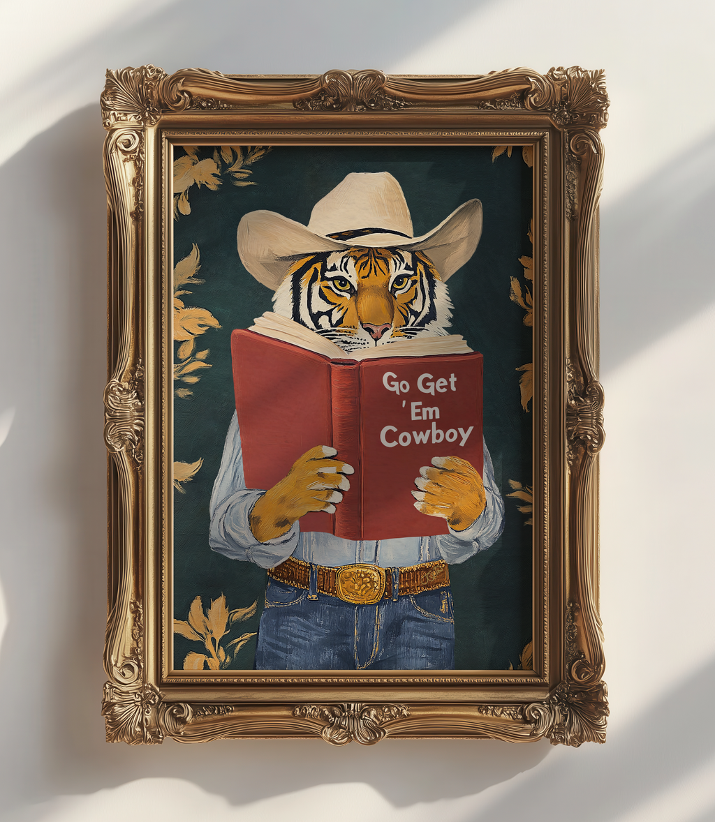 Go Get Em Cowboy Motivational Tiger Reading Print - Humorous Bookworm Wall Art for Library Office Study Decor