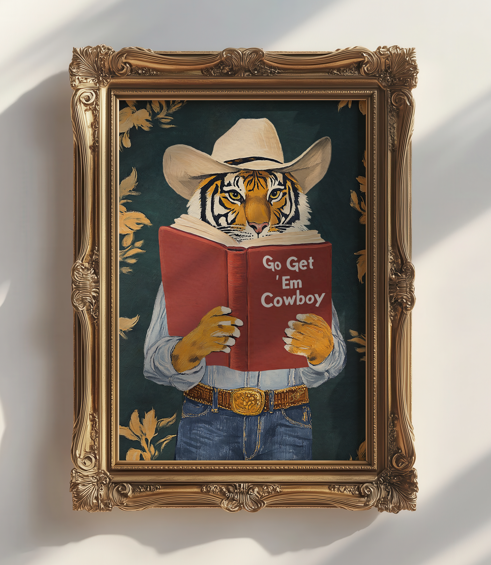 Go Get Em Cowboy Motivational Tiger Reading Print - Humorous Bookworm Wall Art for Library Office Study Decor
