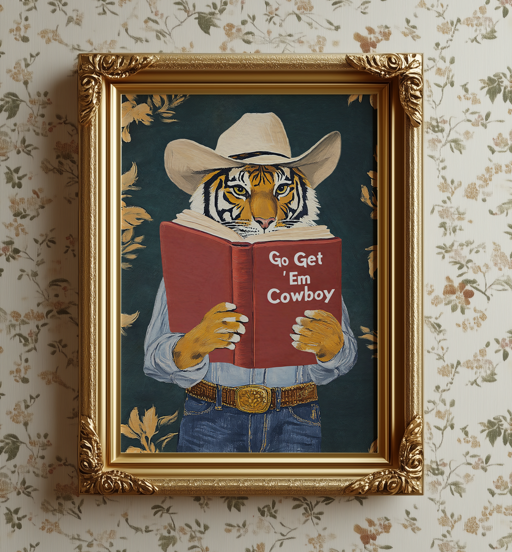 Go Get Em Cowboy Motivational Tiger Reading Print - Humorous Bookworm Wall Art for Library Office Study Decor