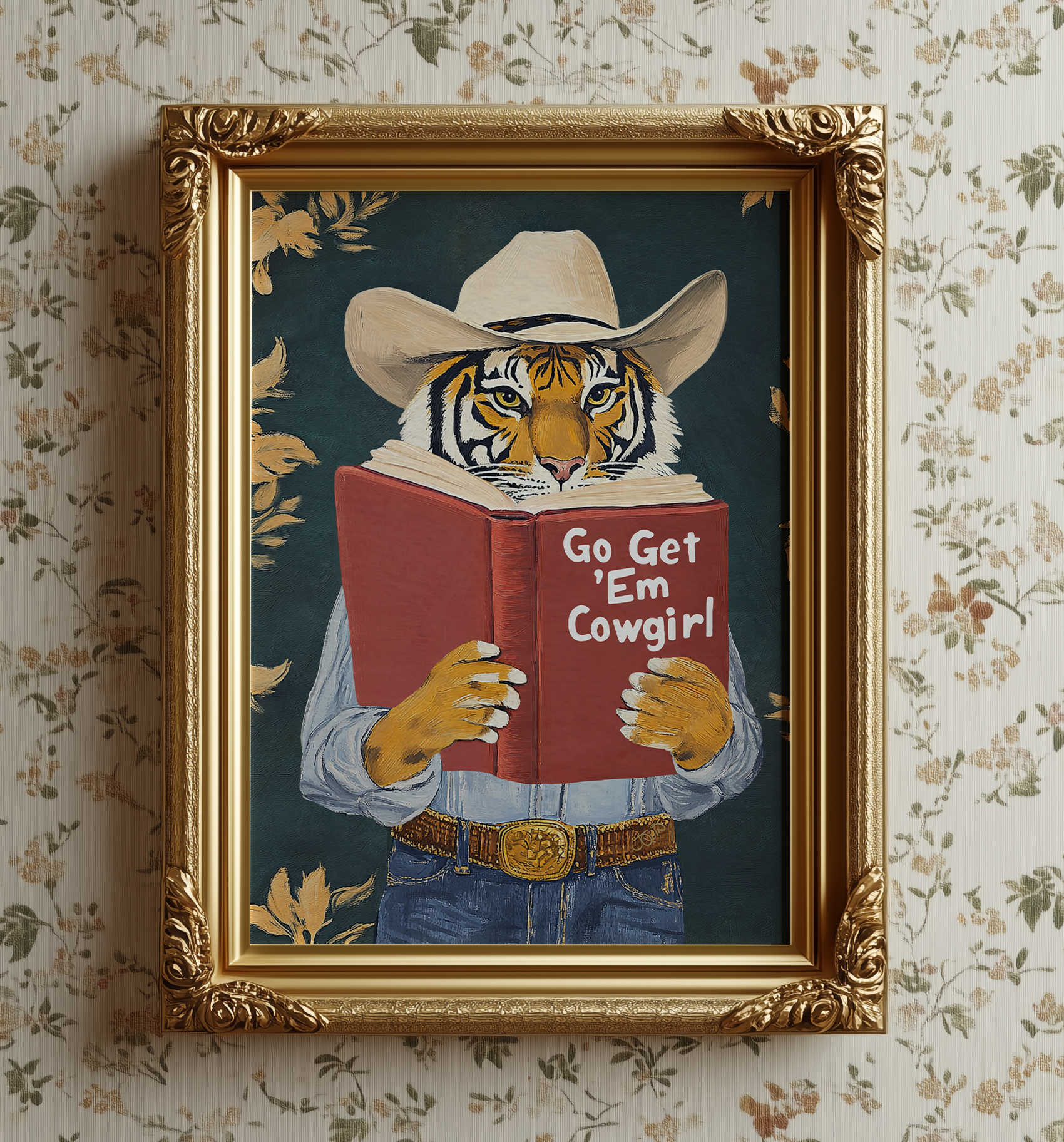 Go Get Em Cowgirl Motivational Tiger Reading Print - Humorous Bookworm Wall Art for Library Office Study Decor