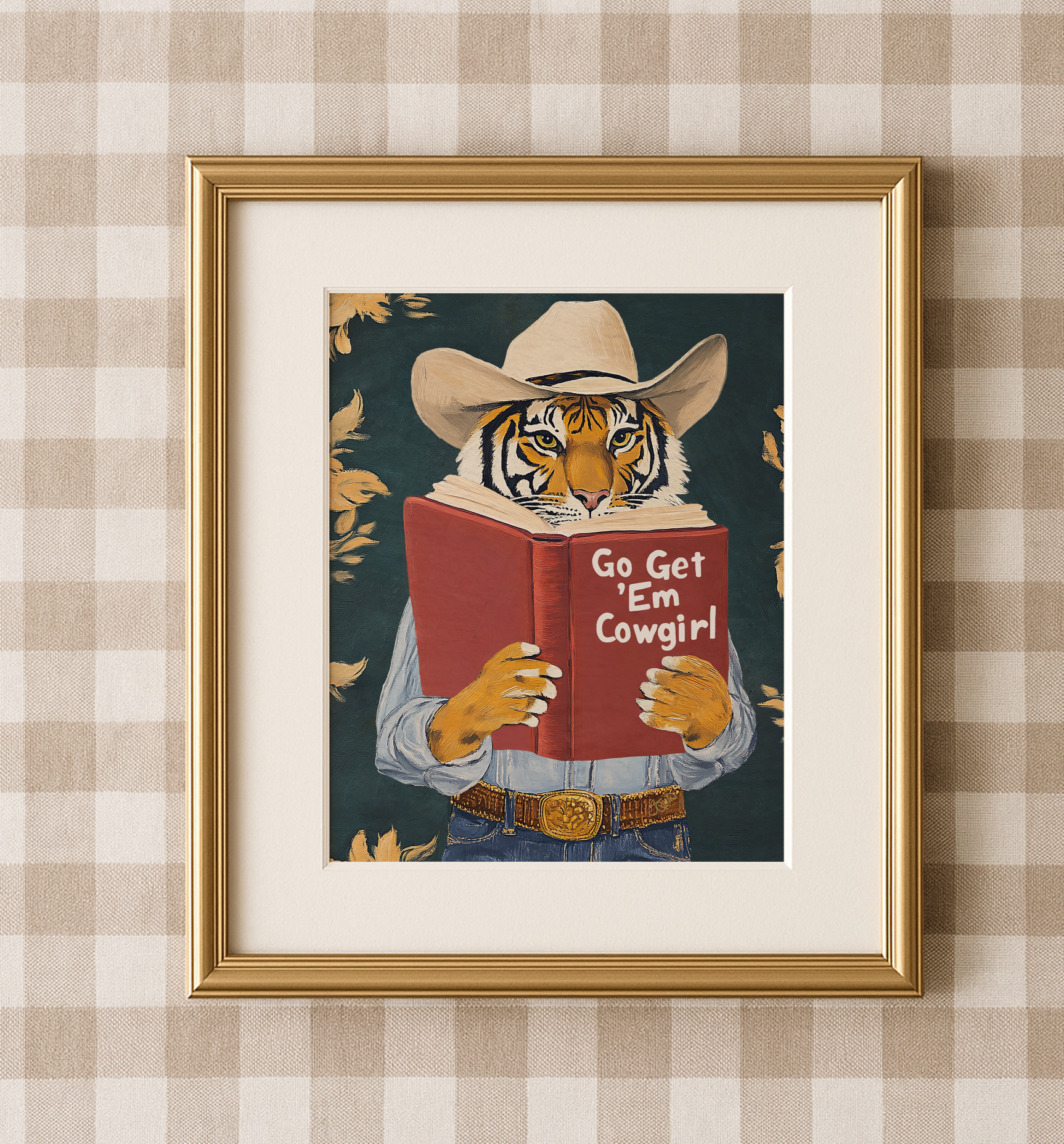Go Get Em Cowgirl Motivational Tiger Reading Print - Humorous Bookworm Wall Art for Library Office Study Decor