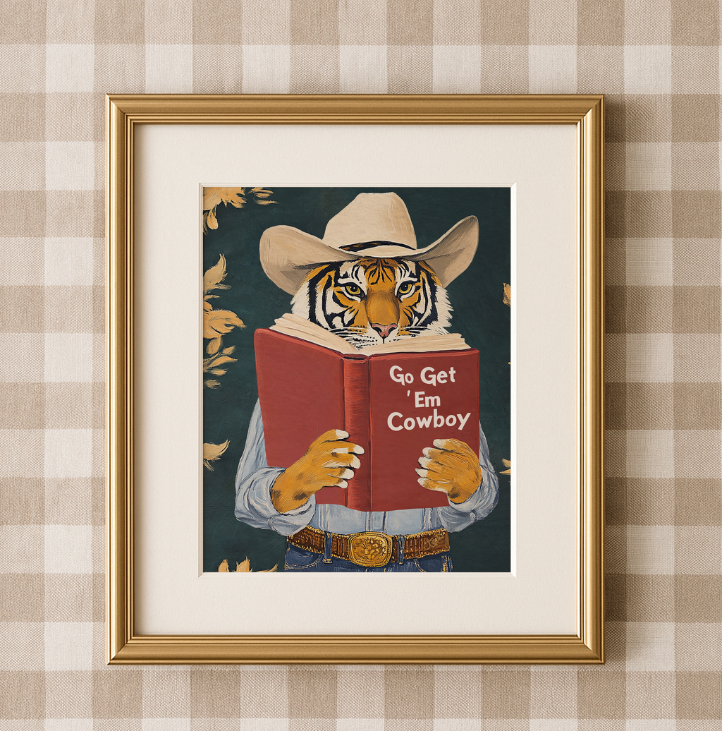 Go Get Em Cowboy Motivational Tiger Reading Print - Humorous Bookworm Wall Art for Library Office Study Decor