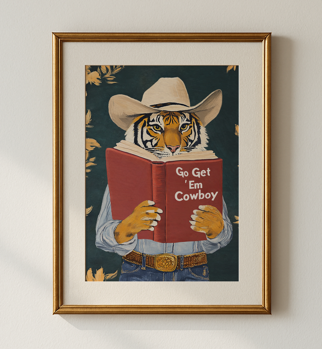 Go Get Em Cowboy Motivational Tiger Reading Print - Humorous Bookworm Wall Art for Library Office Study Decor