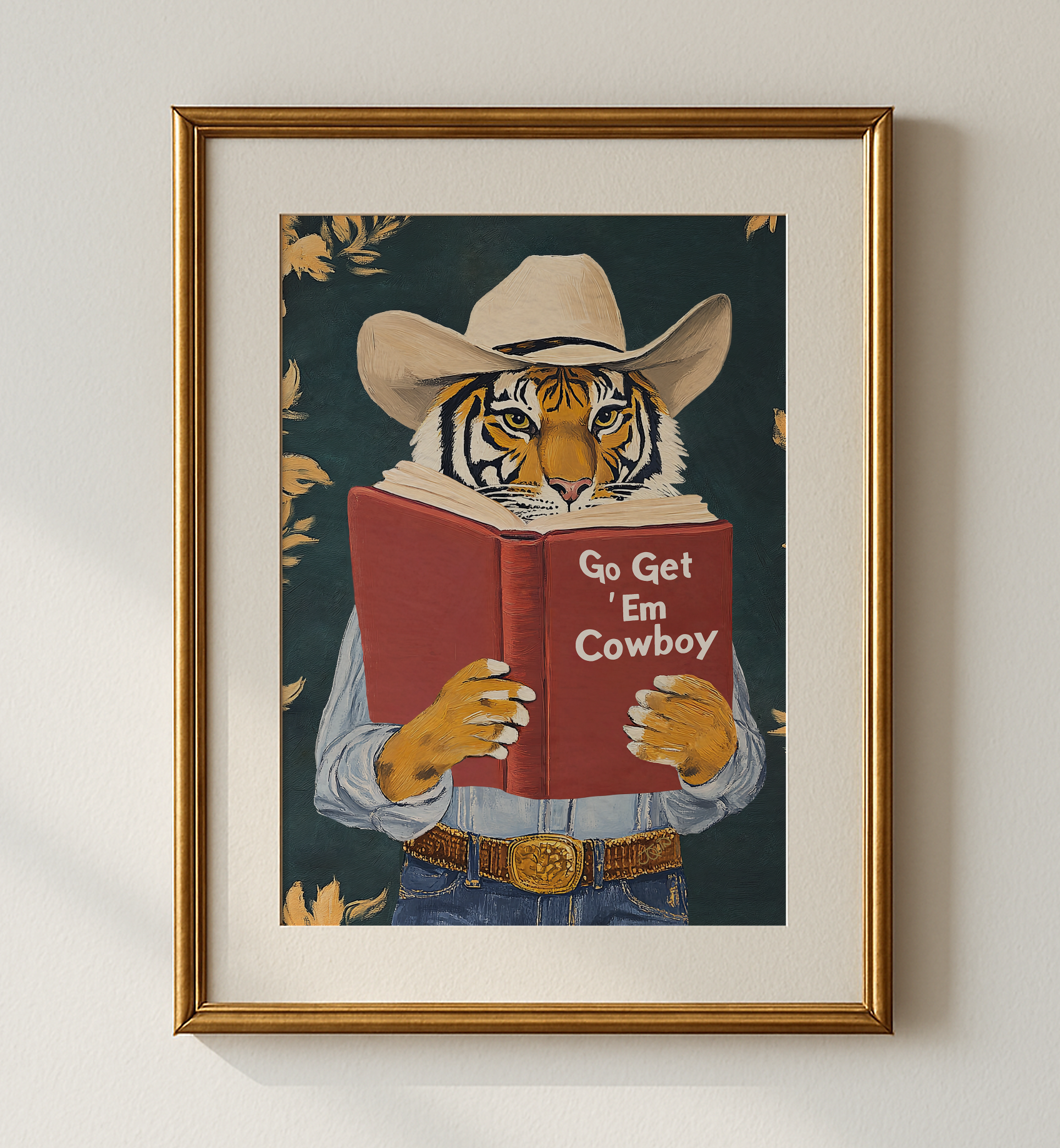 Go Get Em Cowboy Motivational Tiger Reading Print - Humorous Bookworm Wall Art for Library Office Study Decor