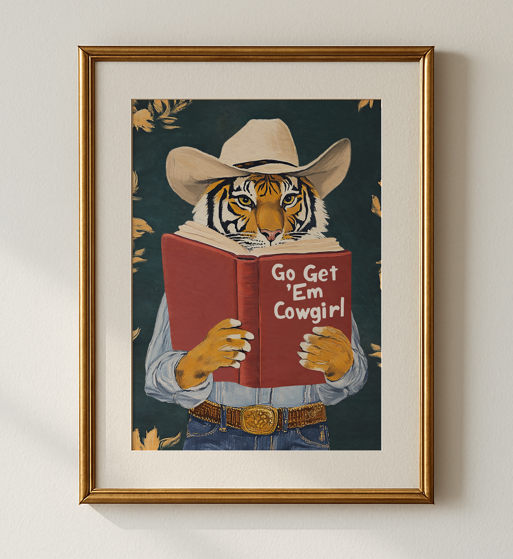 Go Get Em Cowgirl Motivational Tiger Reading Print - Humorous Bookworm Wall Art for Library Office Study Decor