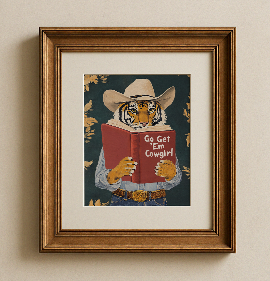 Go Get Em Cowgirl Motivational Tiger Reading Print - Humorous Bookworm Wall Art for Library Office Study Decor
