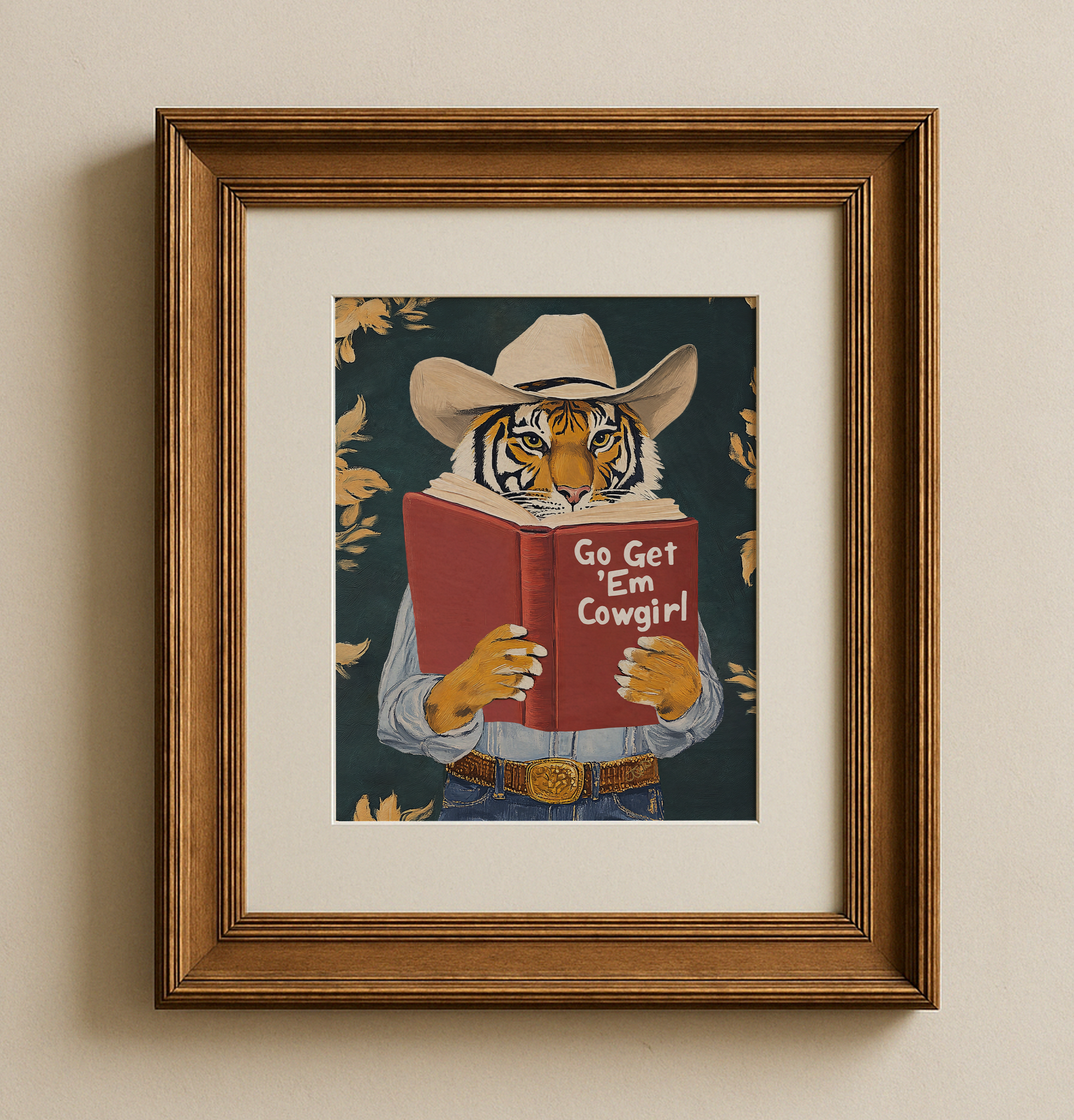 Go Get Em Cowgirl Motivational Tiger Reading Print - Humorous Bookworm Wall Art for Library Office Study Decor