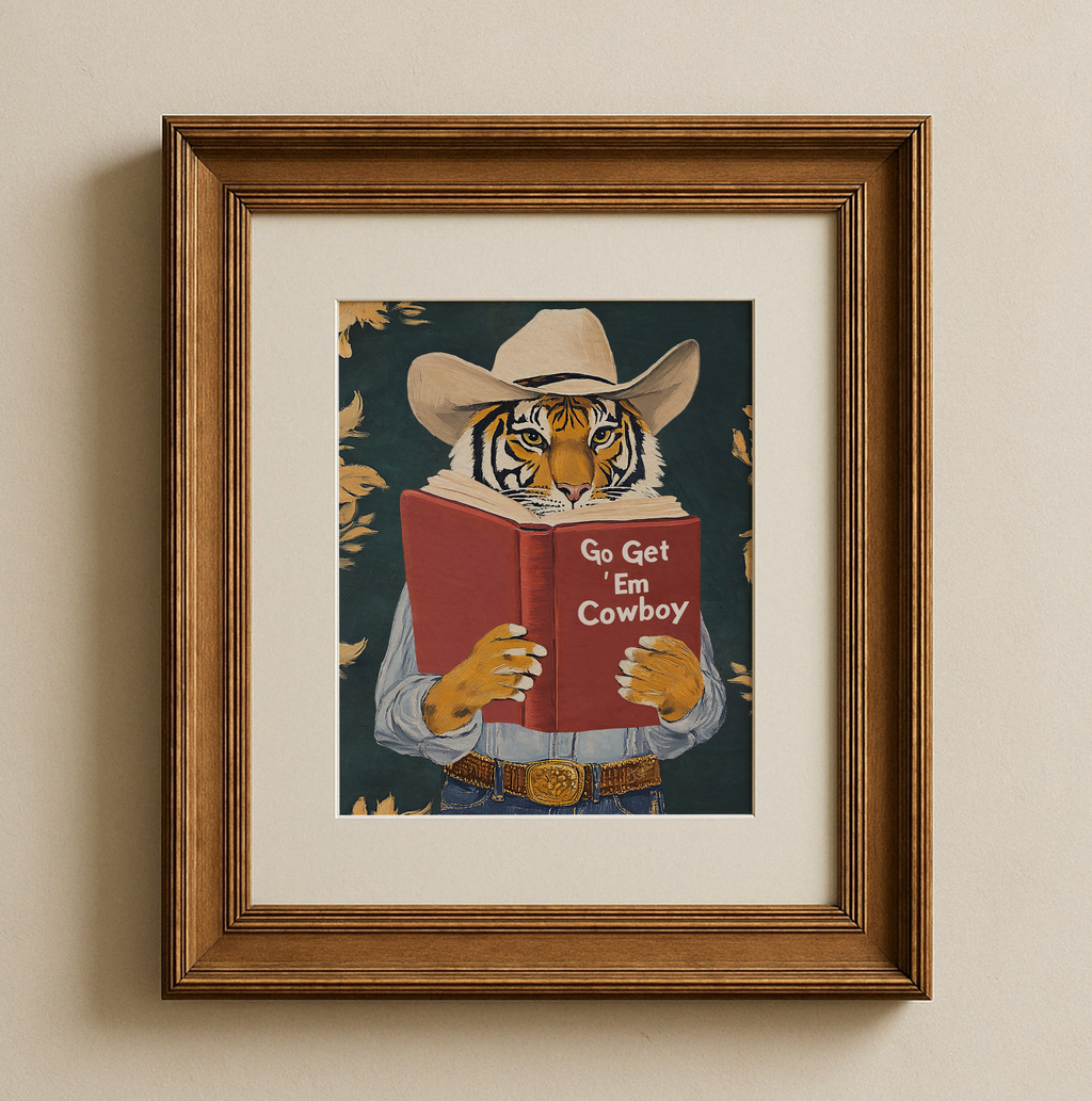 Go Get Em Cowboy Motivational Tiger Reading Print - Humorous Bookworm Wall Art for Library Office Study Decor