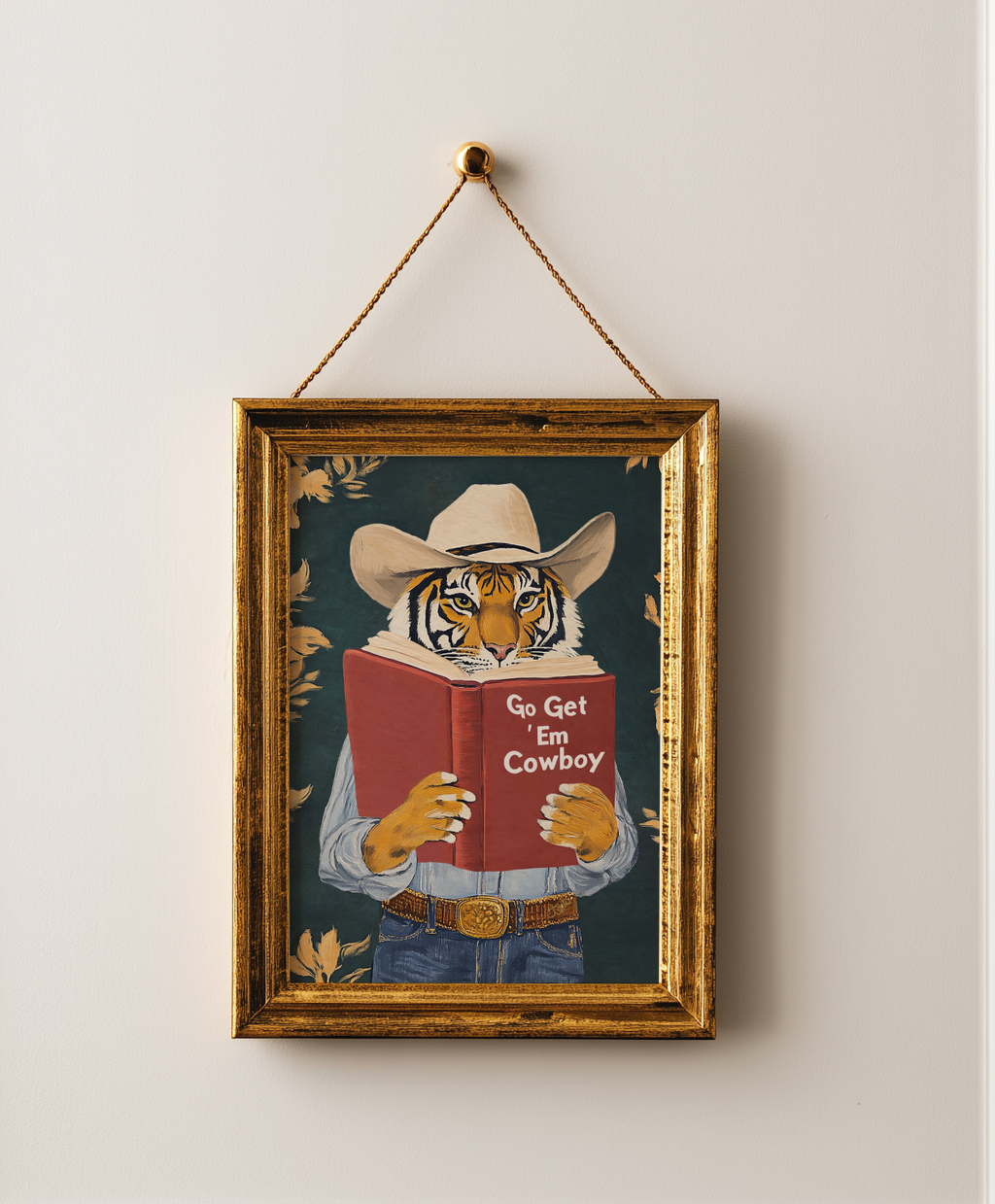 Go Get Em Cowboy Motivational Tiger Reading Print - Humorous Bookworm Wall Art for Library Office Study Decor