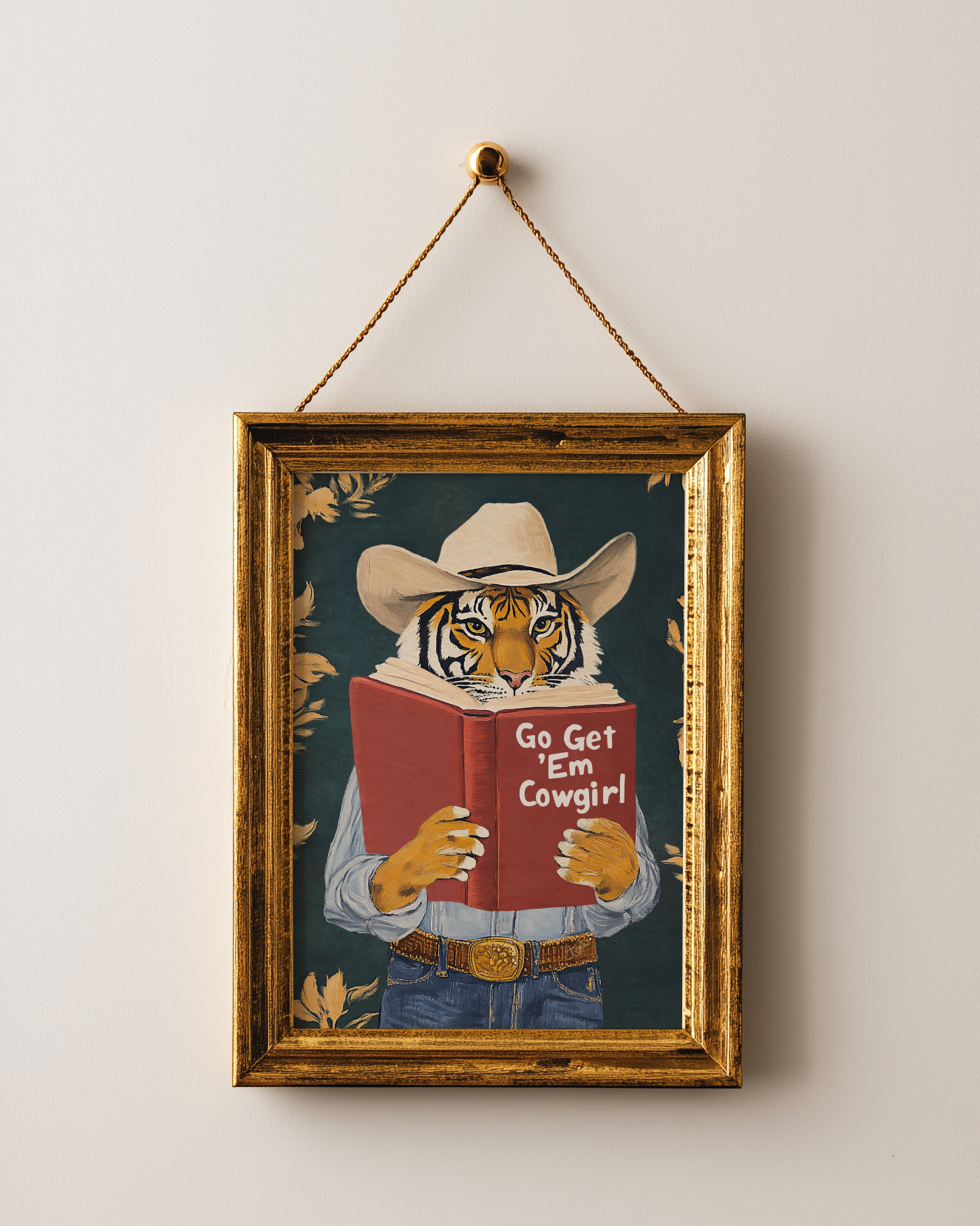 Go Get Em Cowgirl Motivational Tiger Reading Print - Humorous Bookworm Wall Art for Library Office Study Decor