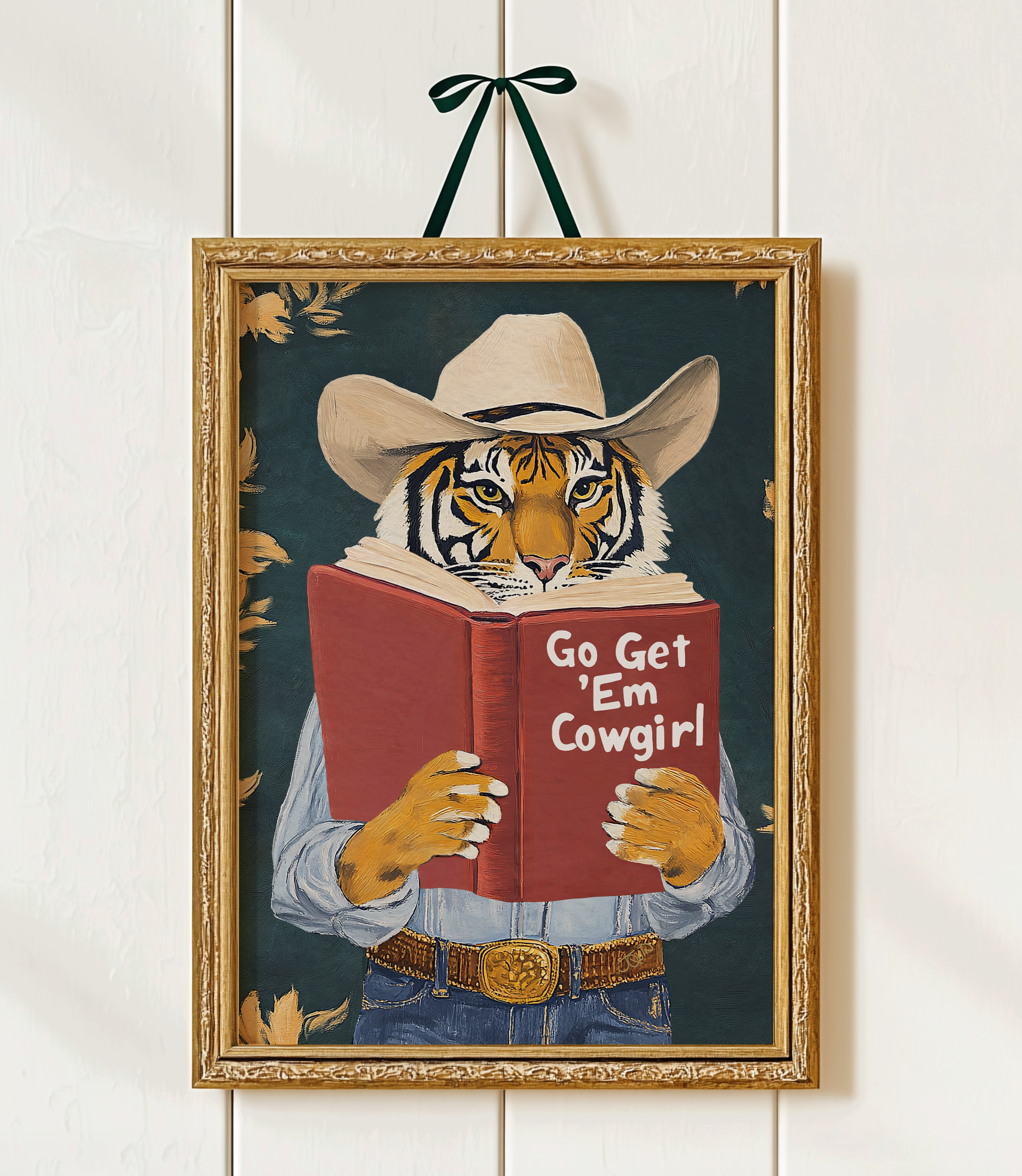 Go Get Em Cowgirl Motivational Tiger Reading Print - Humorous Bookworm Wall Art for Library Office Study Decor