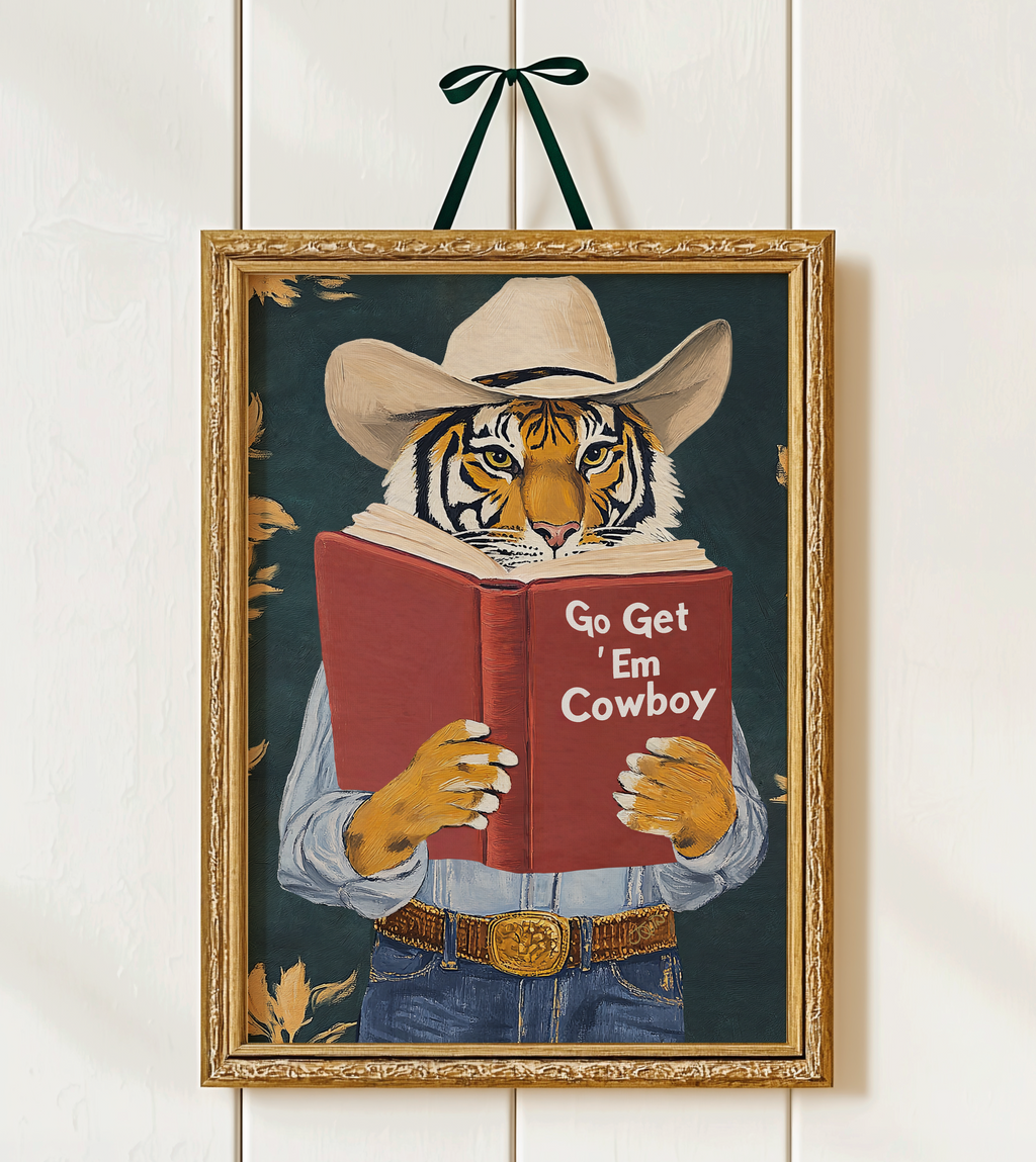 Go Get Em Cowboy Motivational Tiger Reading Print - Humorous Bookworm Wall Art for Library Office Study Decor