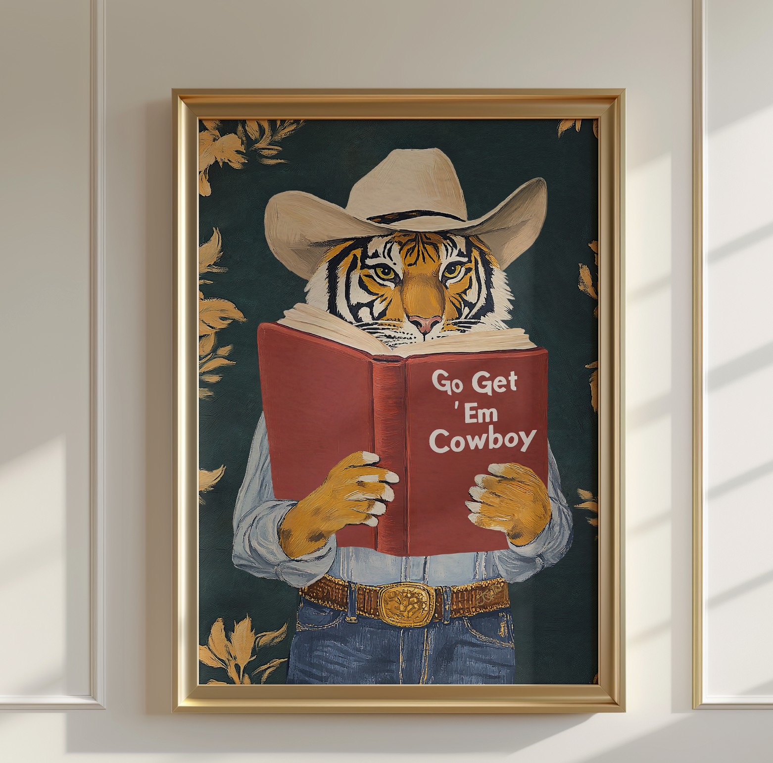 Go Get Em Cowboy Motivational Tiger Reading Print - Humorous Bookworm Wall Art for Library Office Study Decor