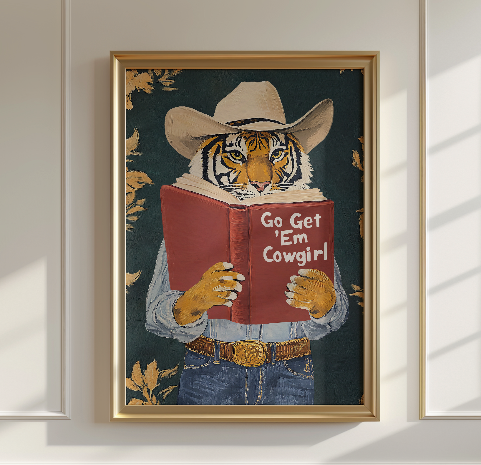 Go Get Em Cowgirl Motivational Tiger Reading Print - Humorous Bookworm Wall Art for Library Office Study Decor