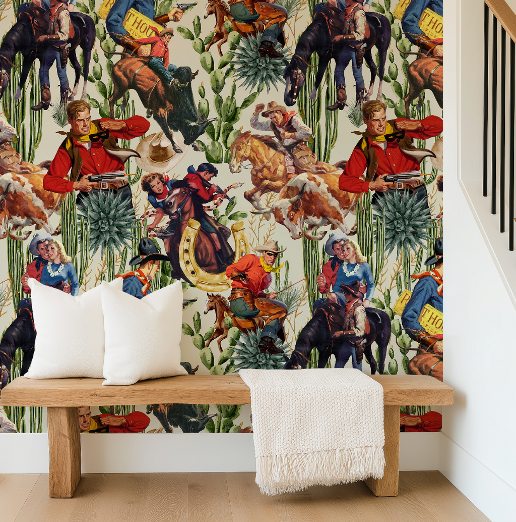 Retro Western Cowboy Ivory Wallpaper